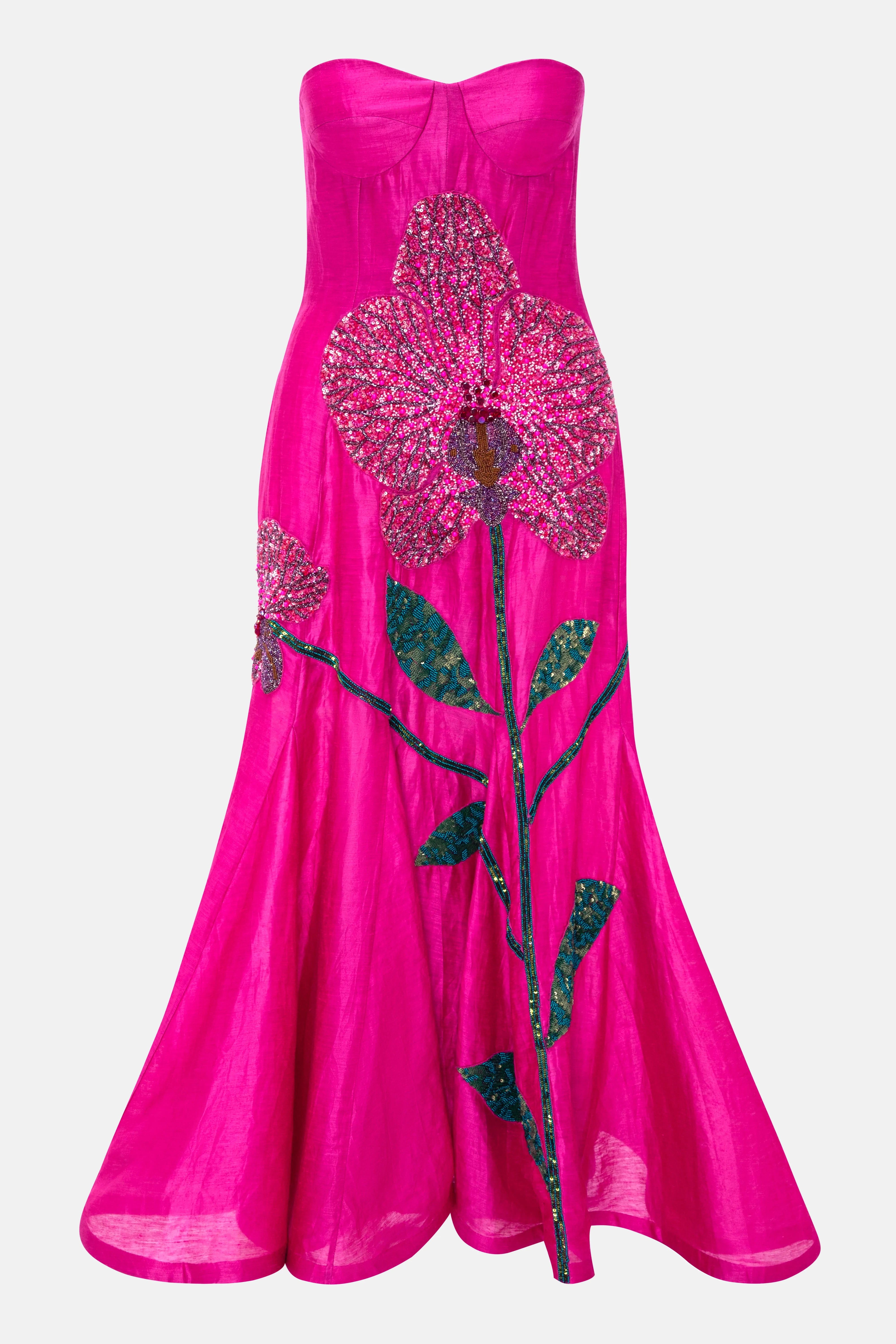 LA FUORI Orchid Floral Print Embroidered Maxi Dress In Pink