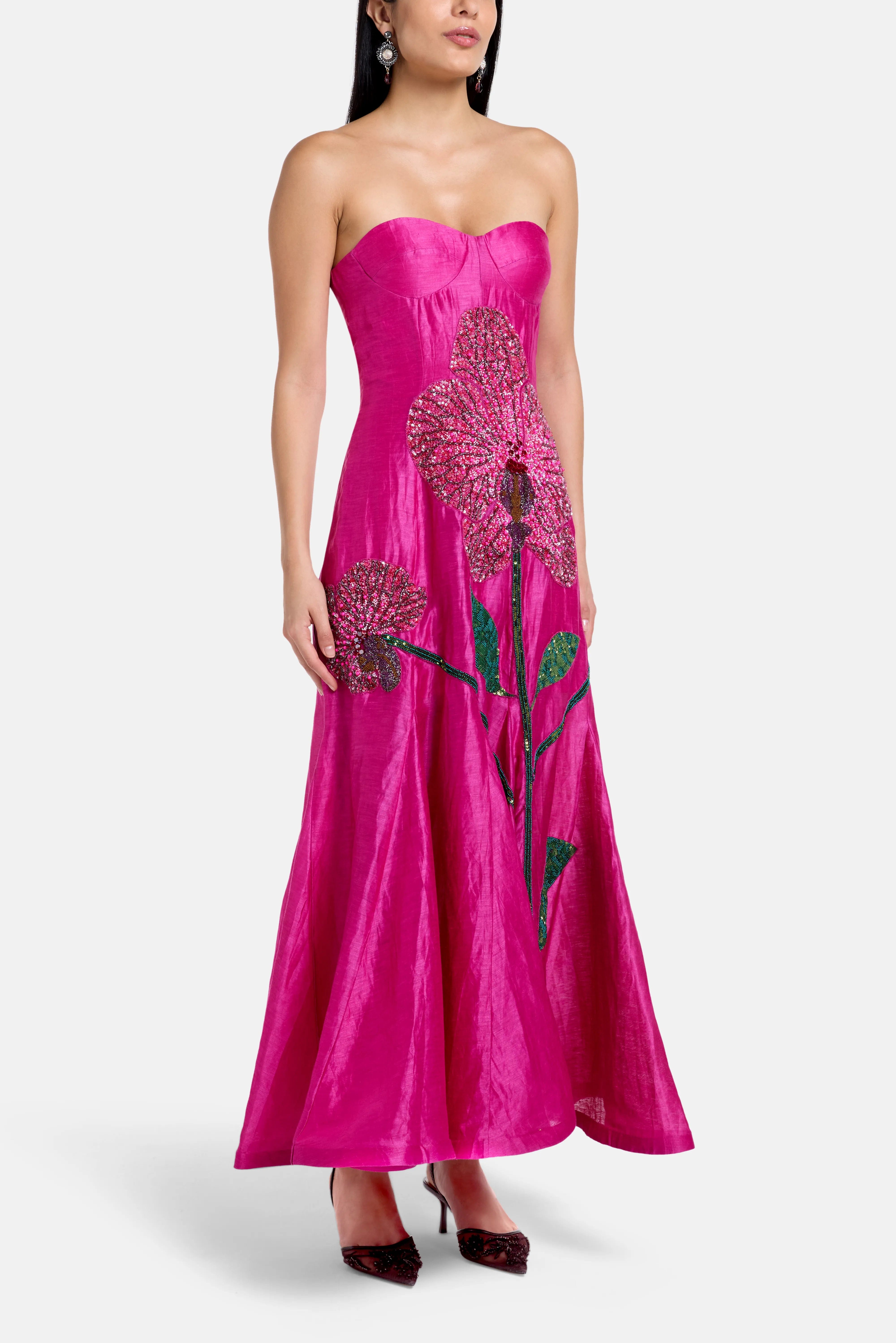LA FUORI Orchid Floral Print Embroidered Maxi Dress In Pink