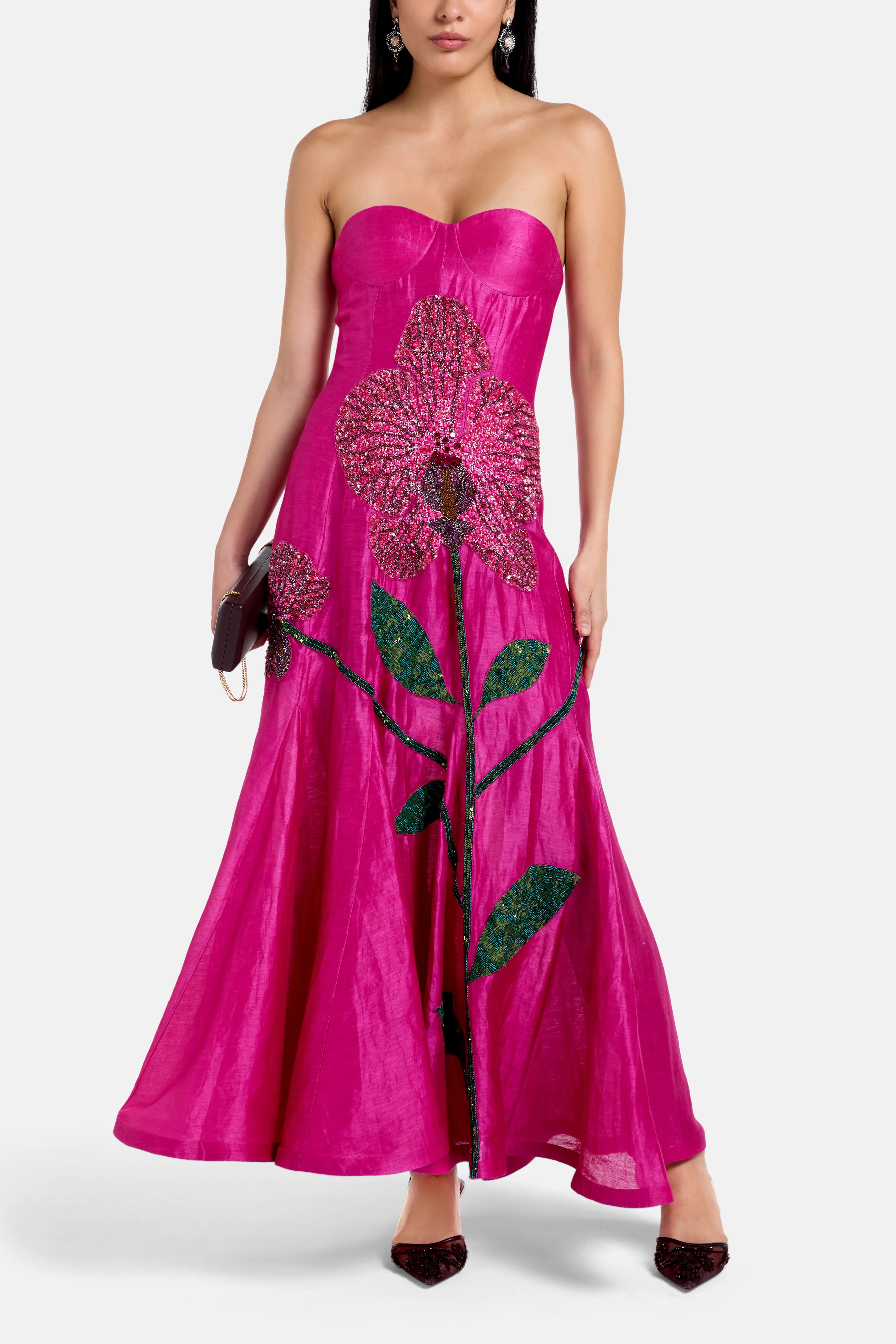 LA FUORI Orchid Floral Print Embroidered Maxi Dress In Pink