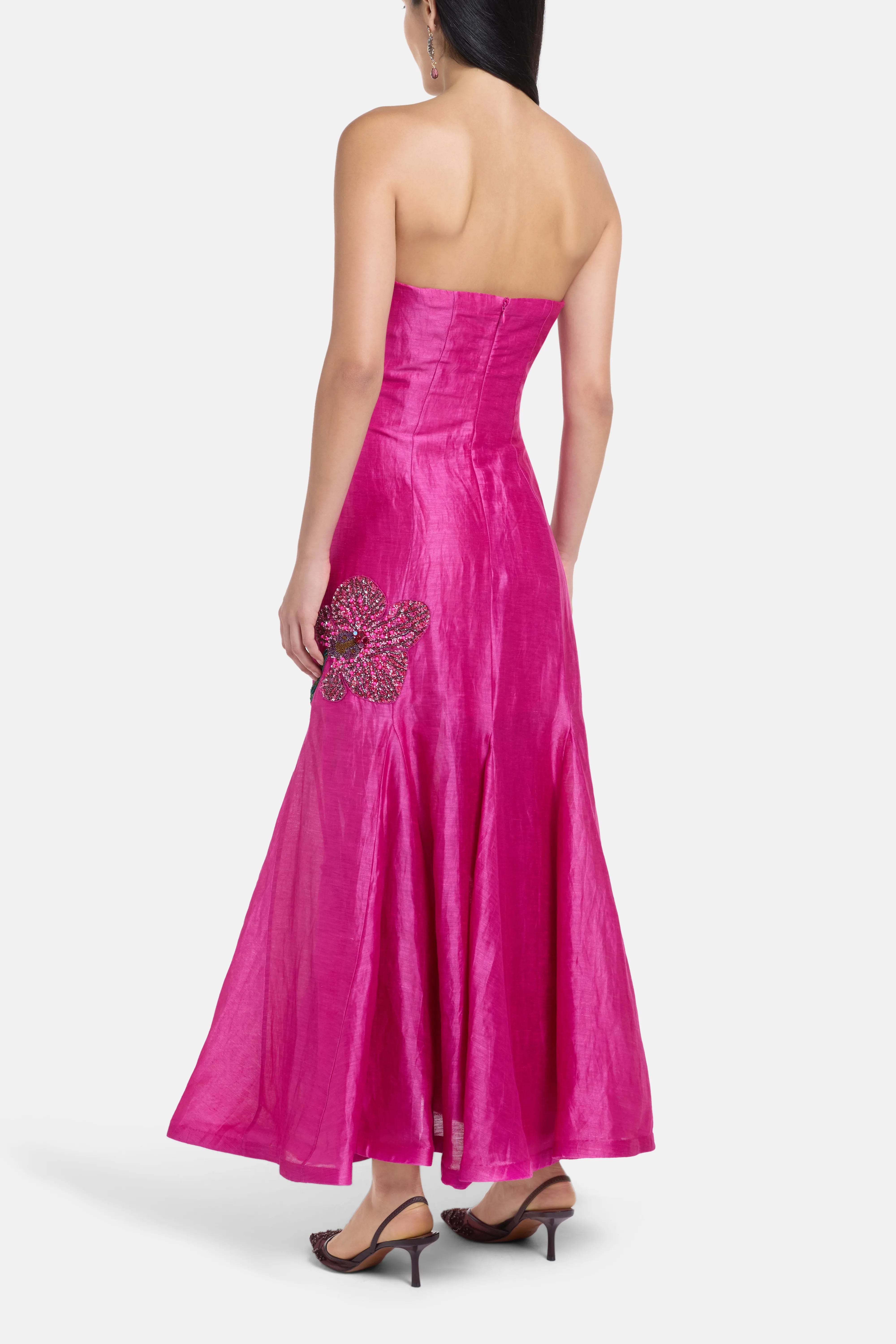LA FUORI Orchid Floral Print Embroidered Maxi Dress In Pink
