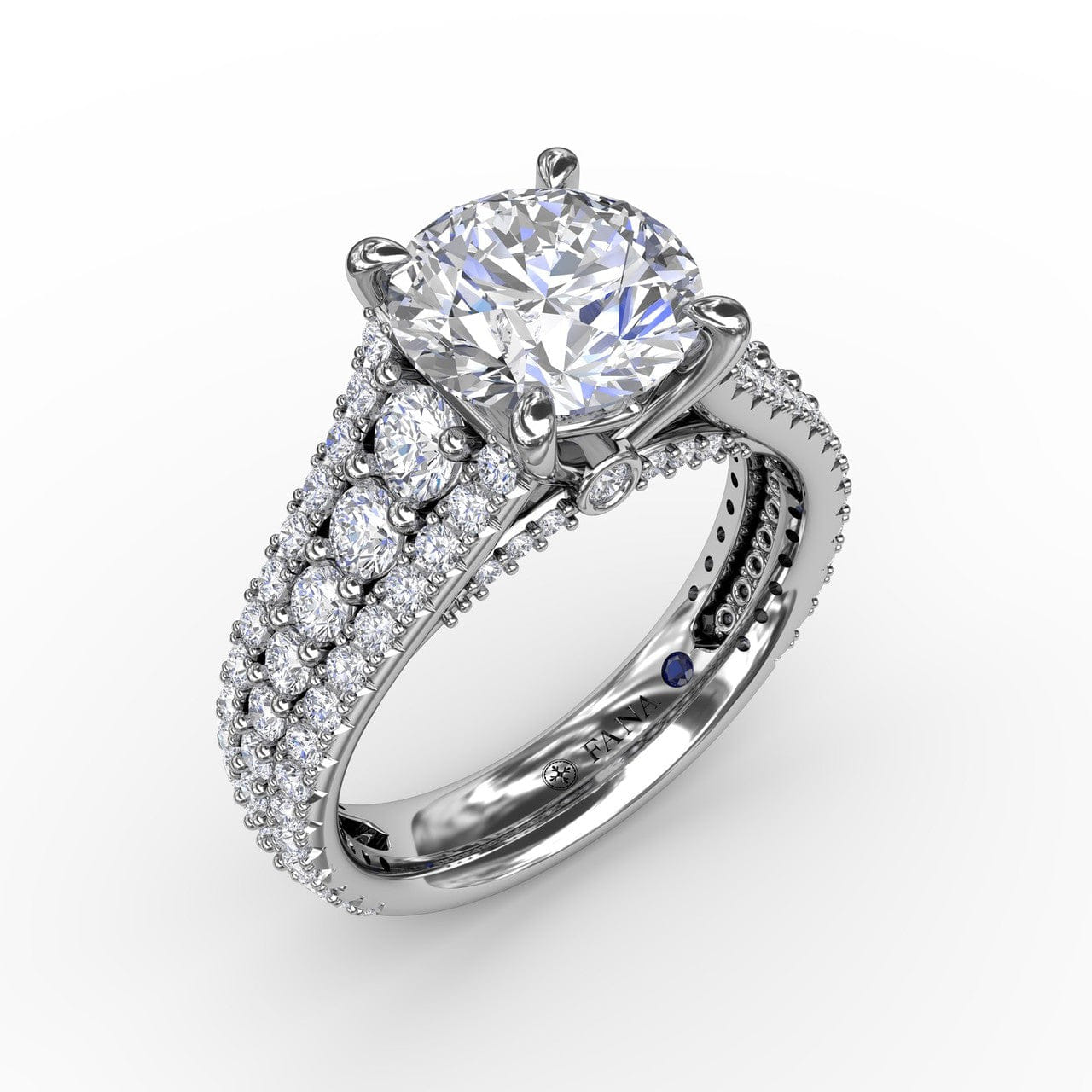 Fana Classic Round Diamond Solitaire Engagement Ring With Triple-Row Diamond Shank