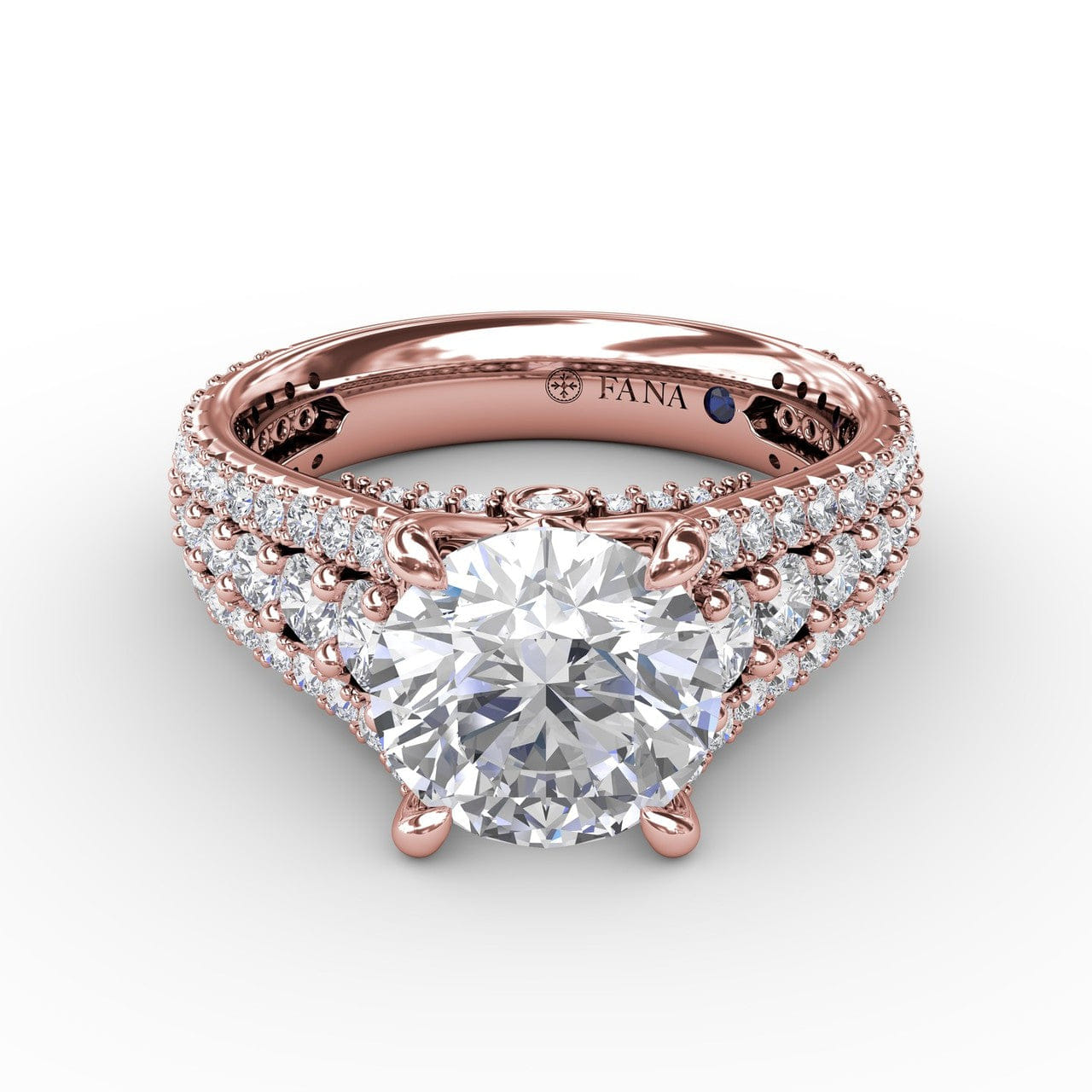 Fana Classic Round Diamond Solitaire Engagement Ring With Triple-Row Diamond Shank