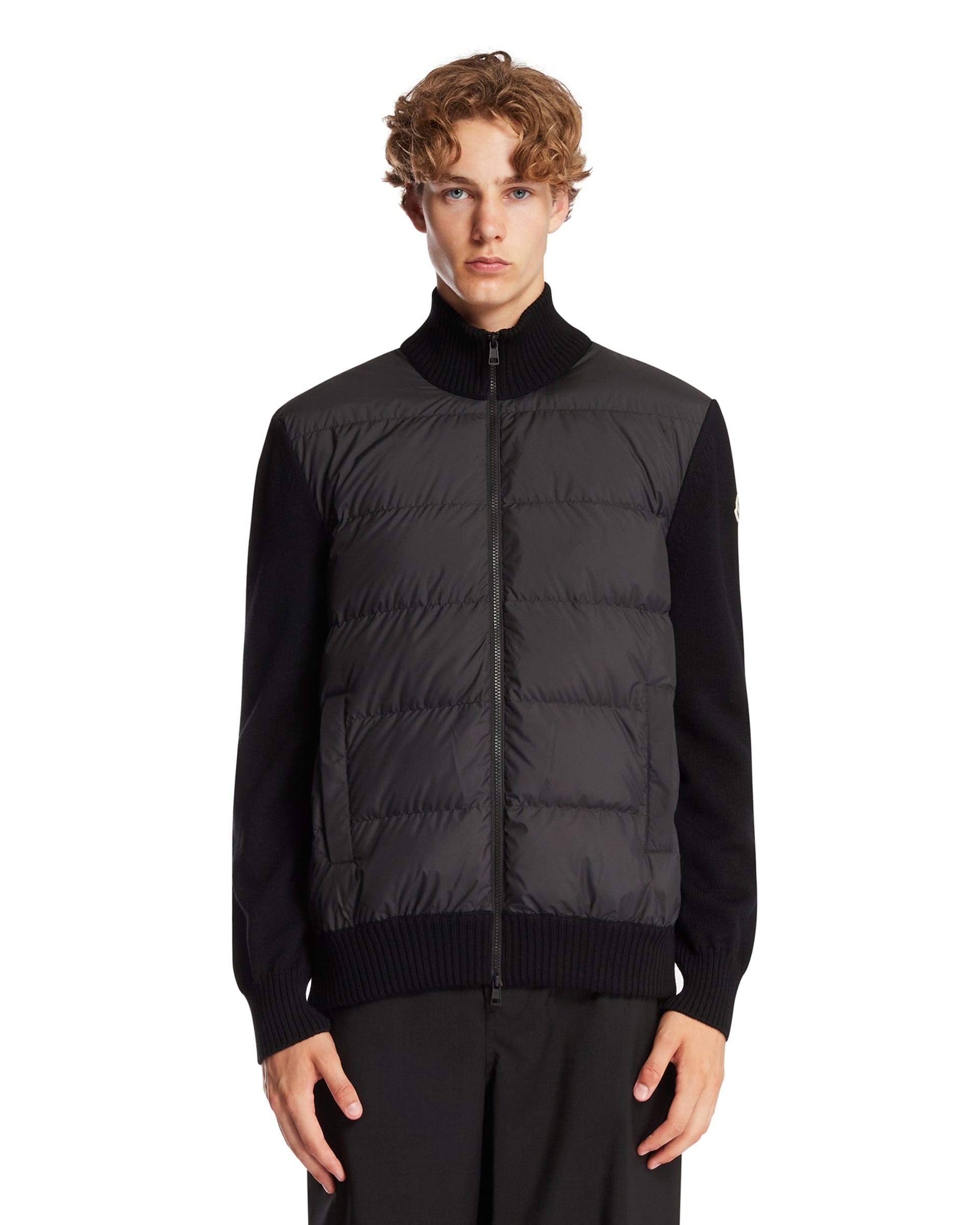 Moncler Cardigan Imbottito In Lana Con Zip Nero