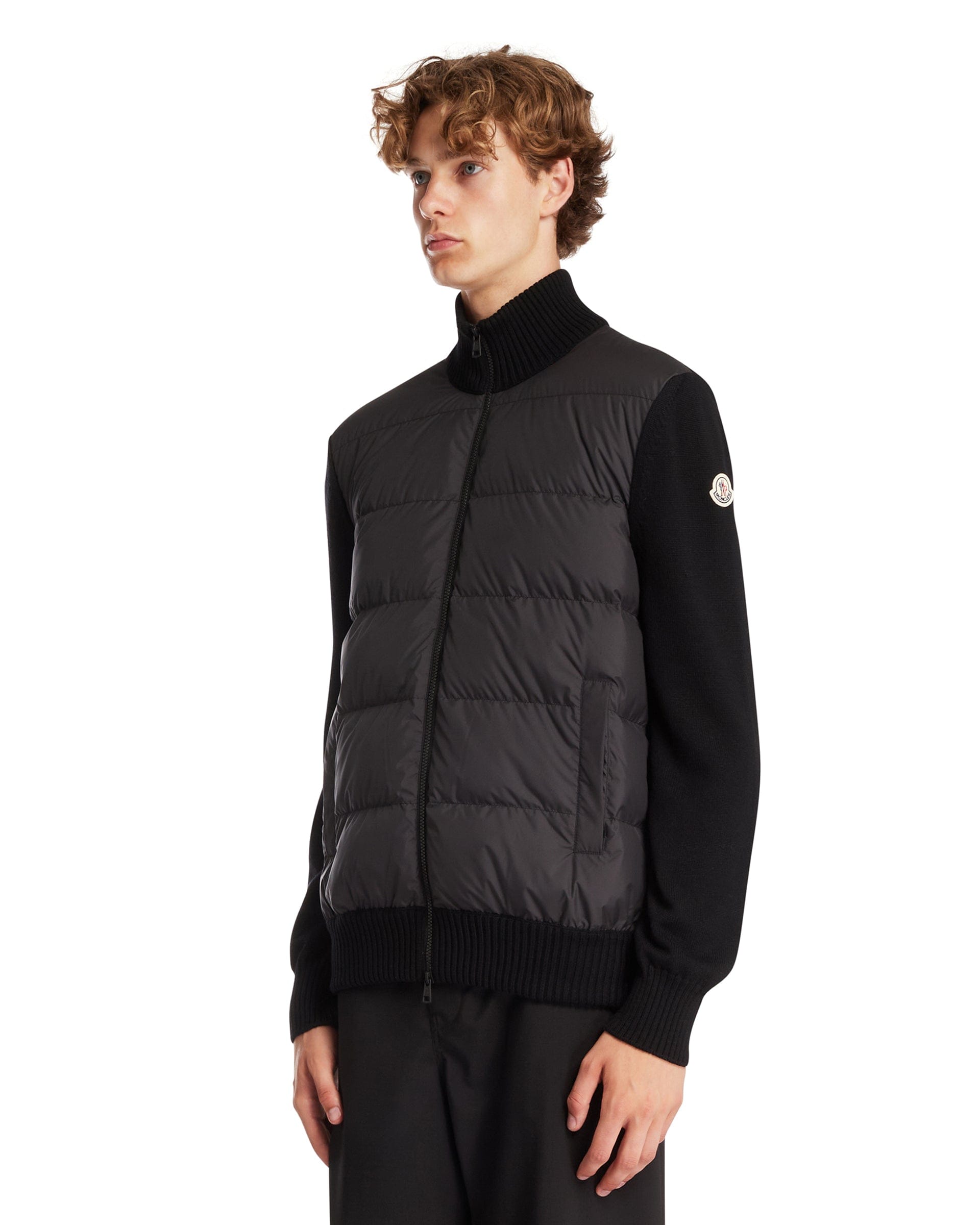 Moncler Cardigan Imbottito In Lana Con Zip Nero