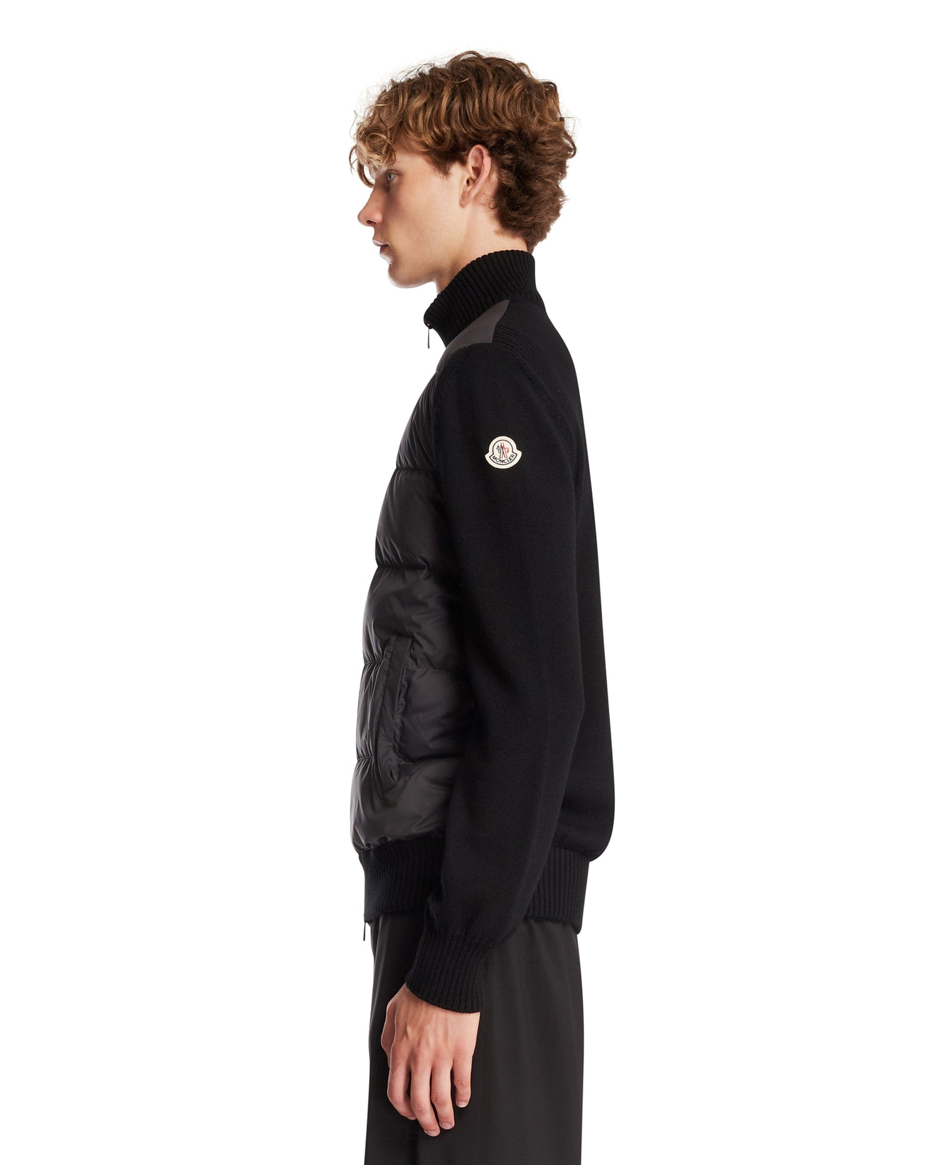 Moncler Cardigan Imbottito In Lana Con Zip Nero