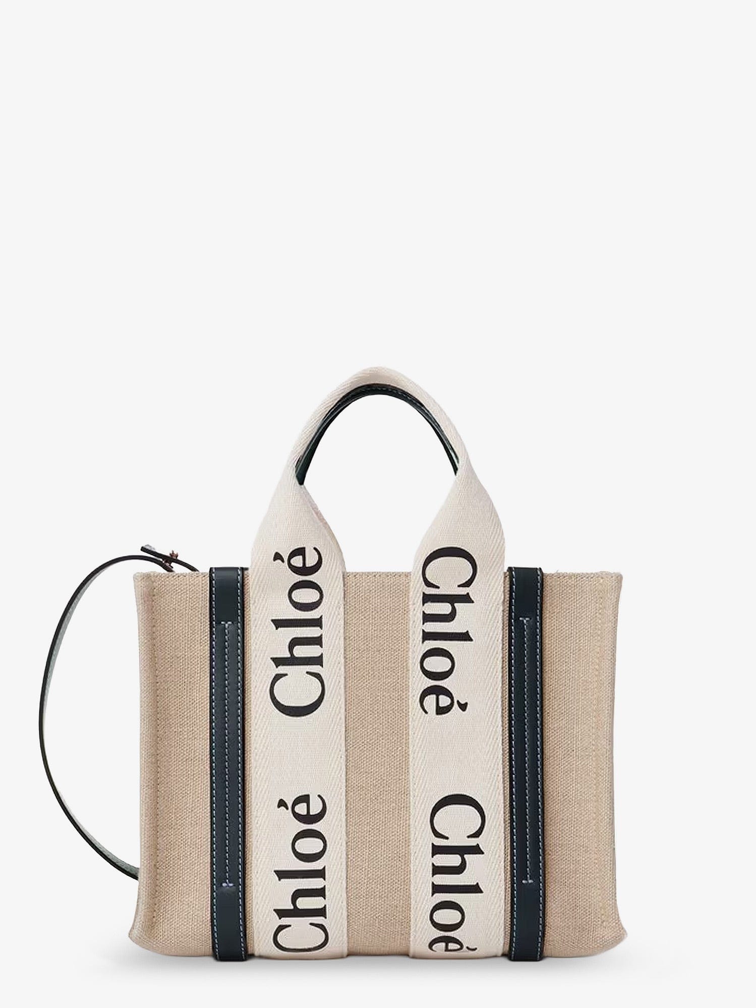 Chloe Woody linen canvas and leather crossbody bag