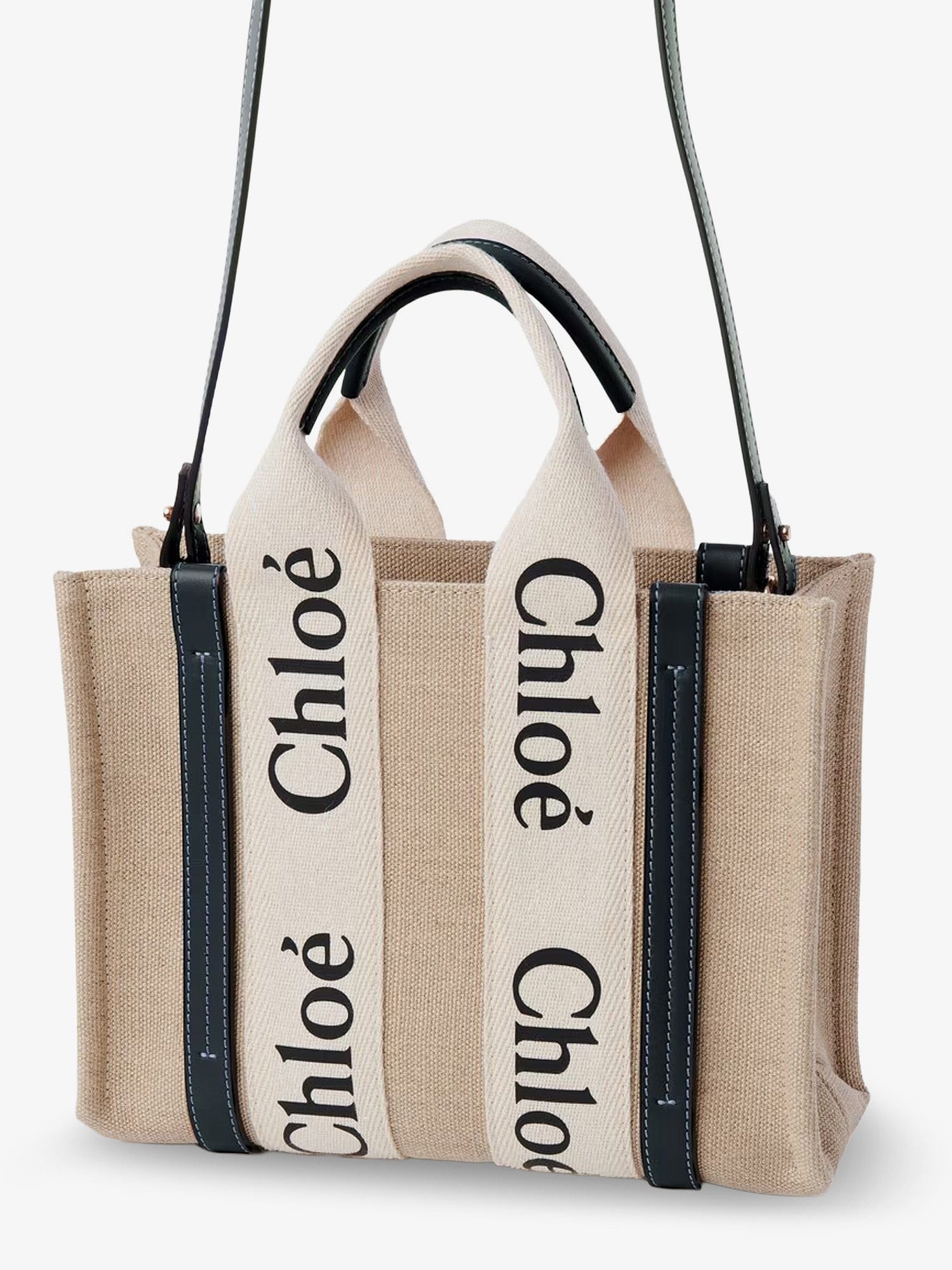 Chloe Woody linen canvas and leather crossbody bag