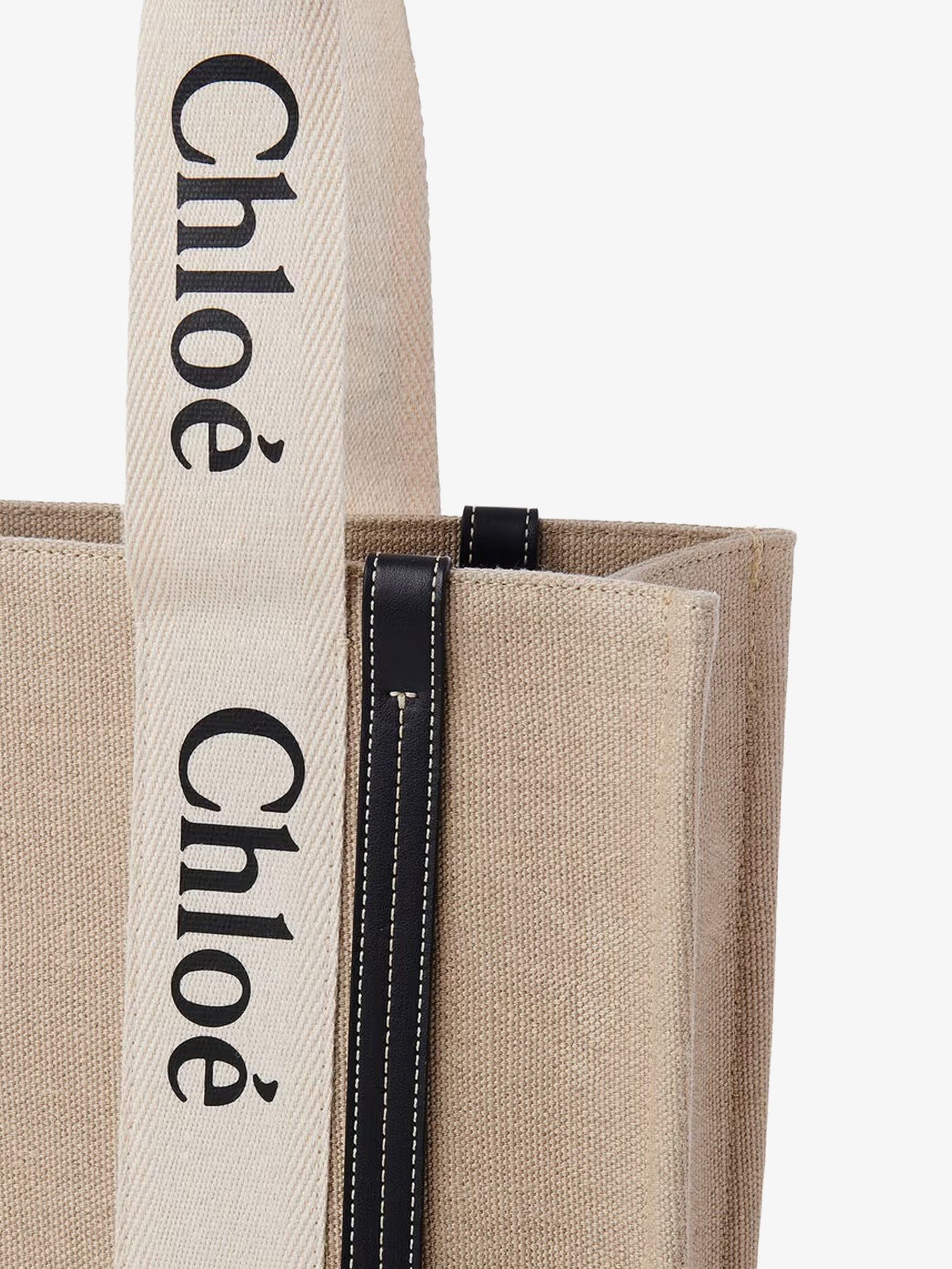 Chloe Woody linen shoulder bag with front lettering logo