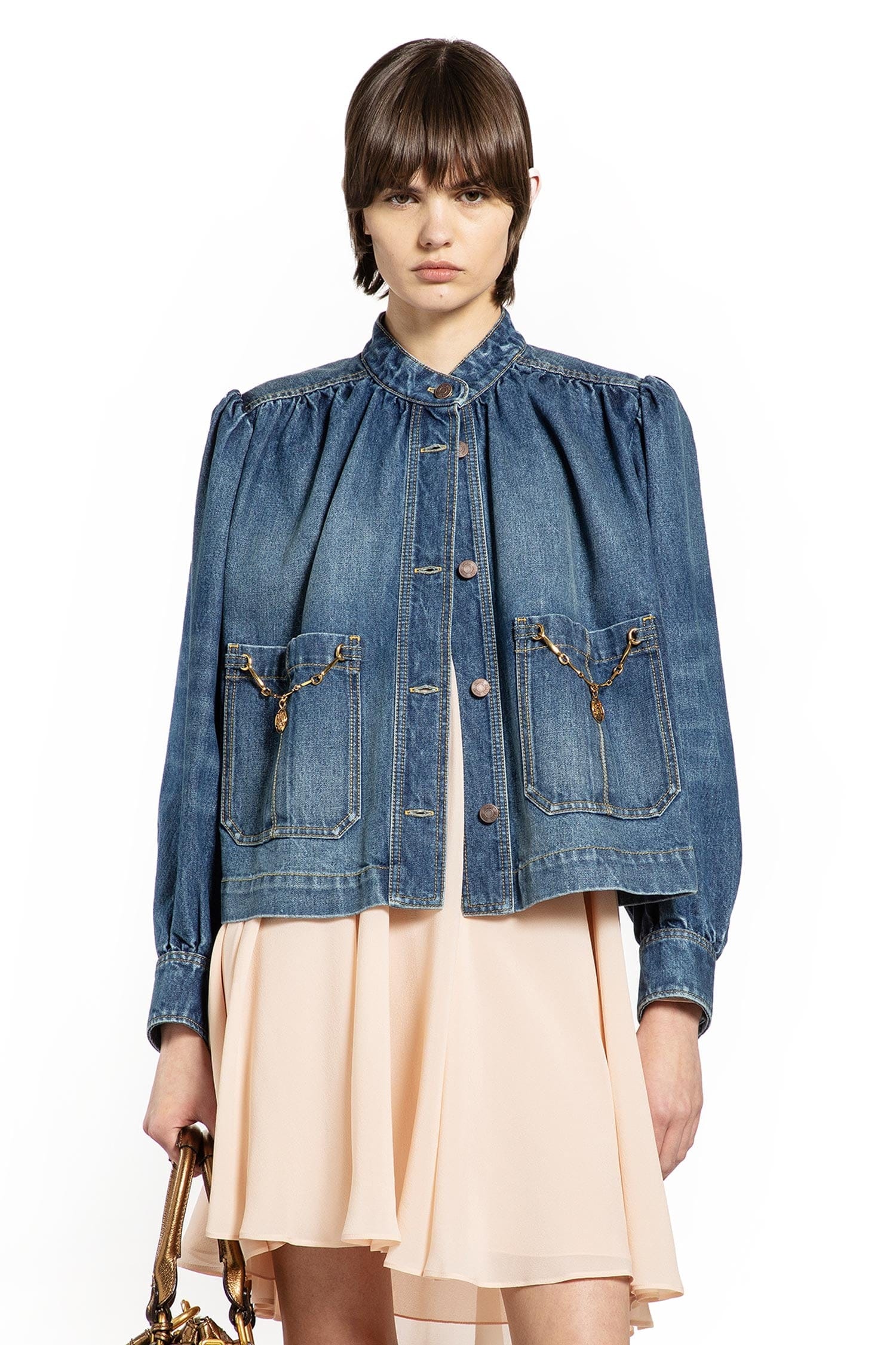 Chloe High Neck Gathered Denim Jacket