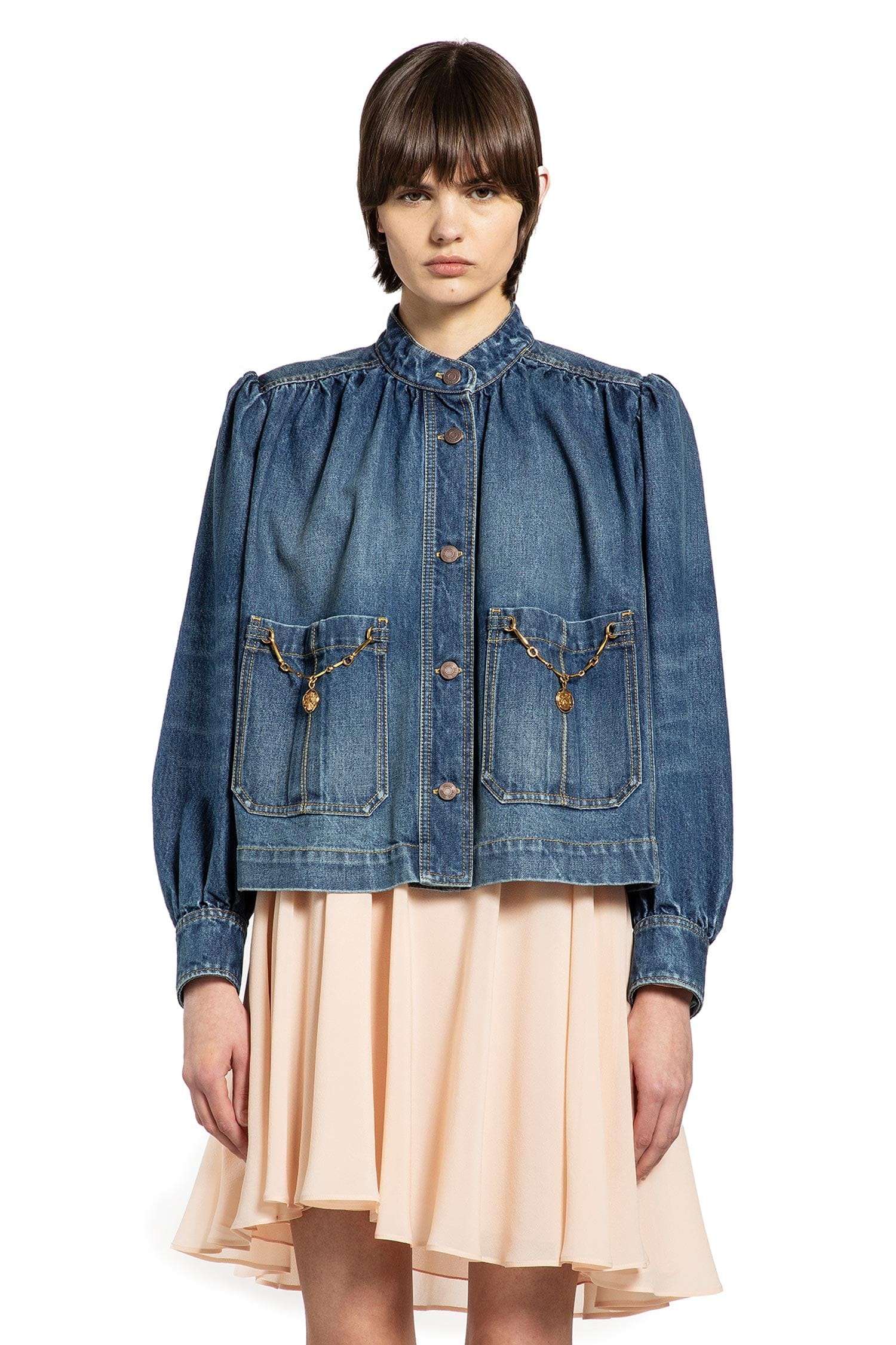 Chloe High Neck Gathered Denim Jacket