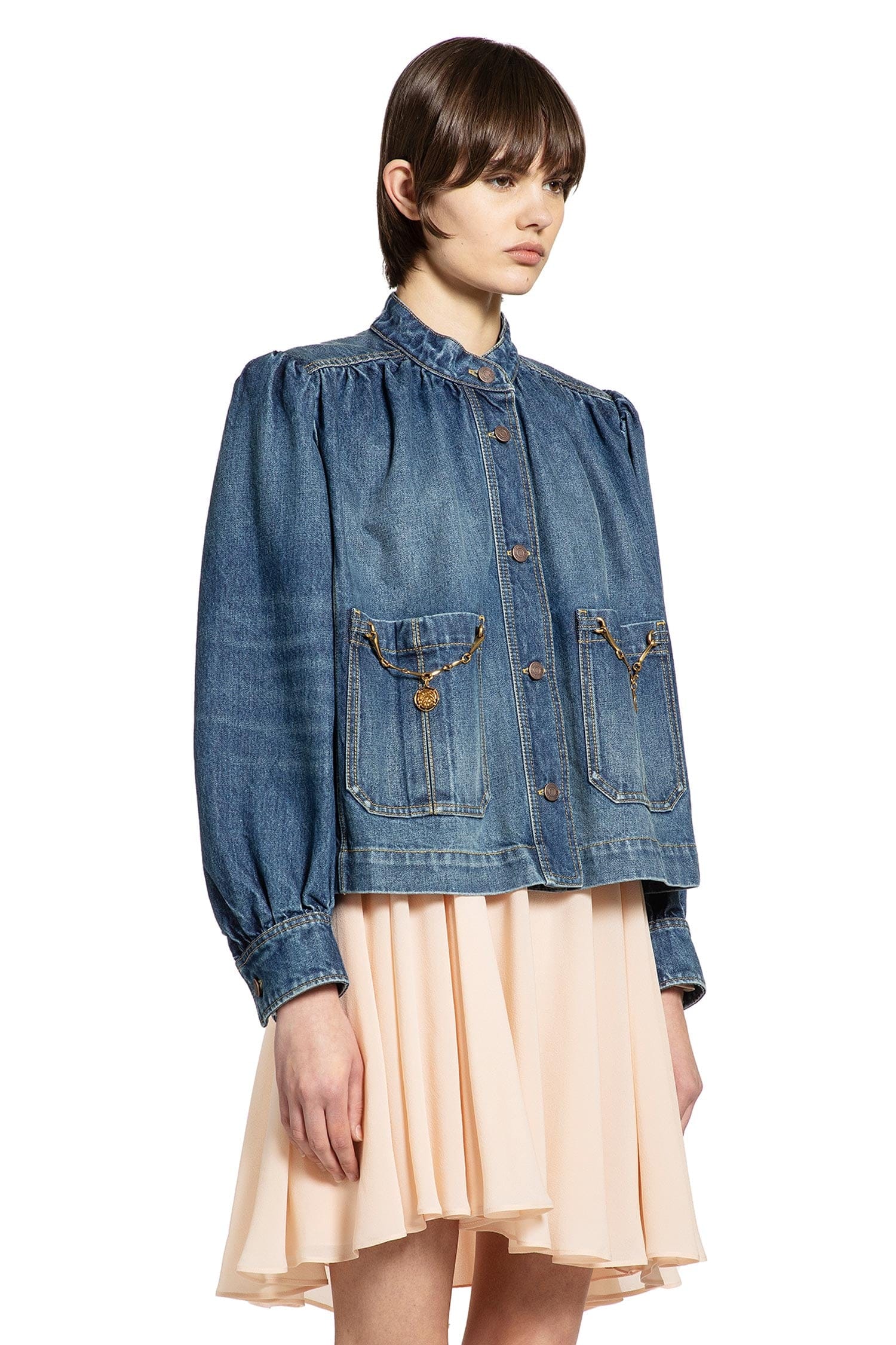 Chloe High Neck Gathered Denim Jacket