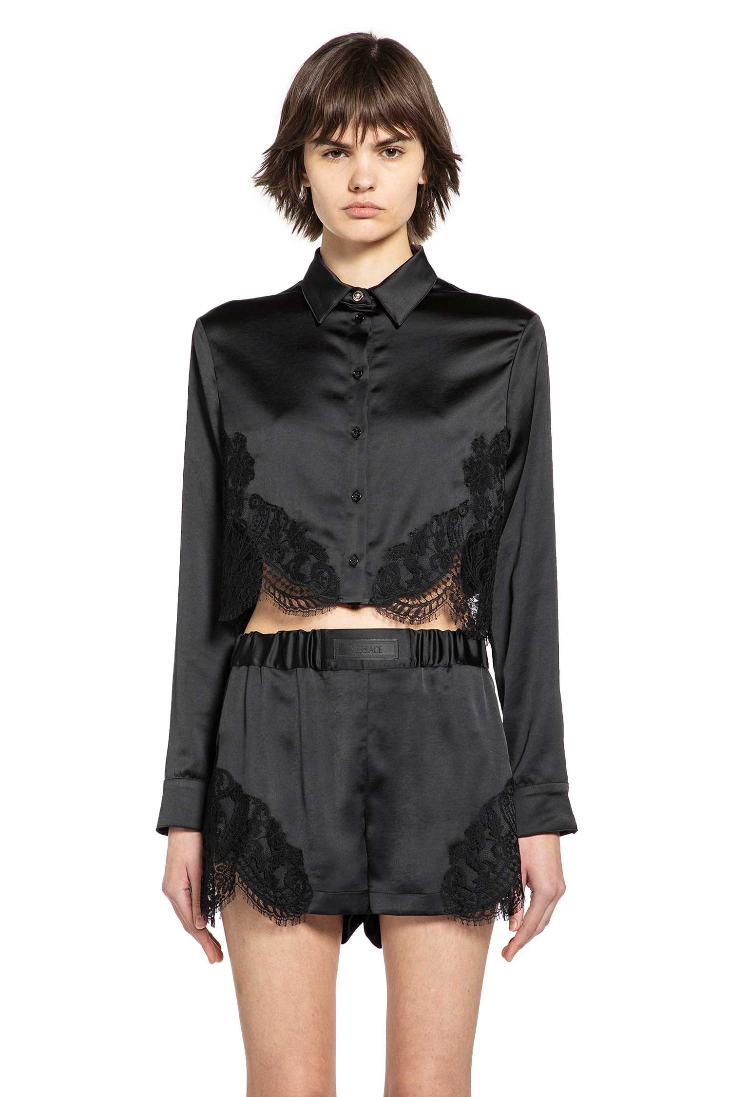 Versace Lace-Trim Satin Crop Shirt