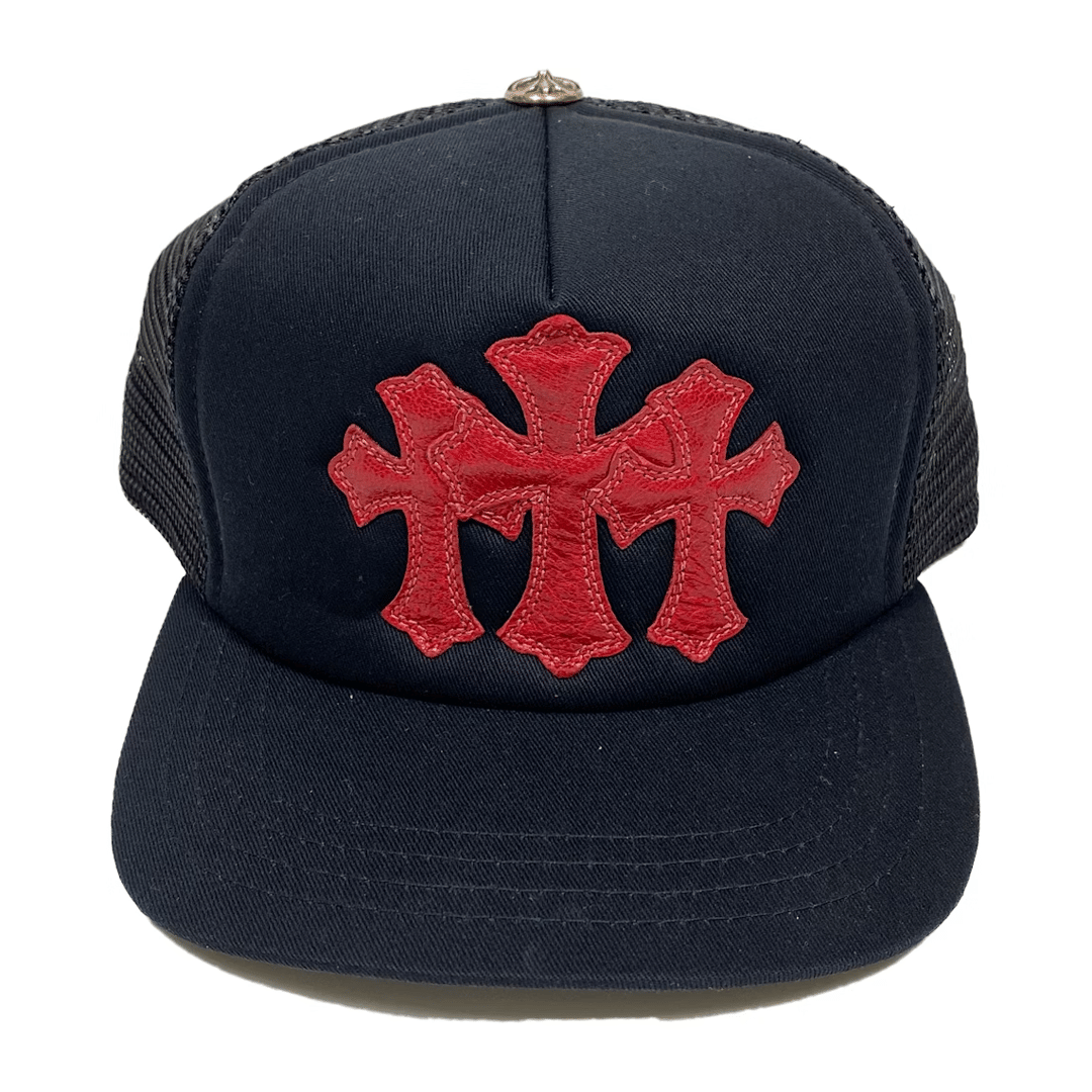 Chrome Hearts Cemetery Red Triple Cross Trucker Hat Black