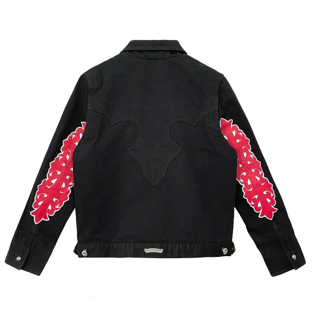 Chrome Hearts Red Floral Cross Leather Patch Black Denim Jacket