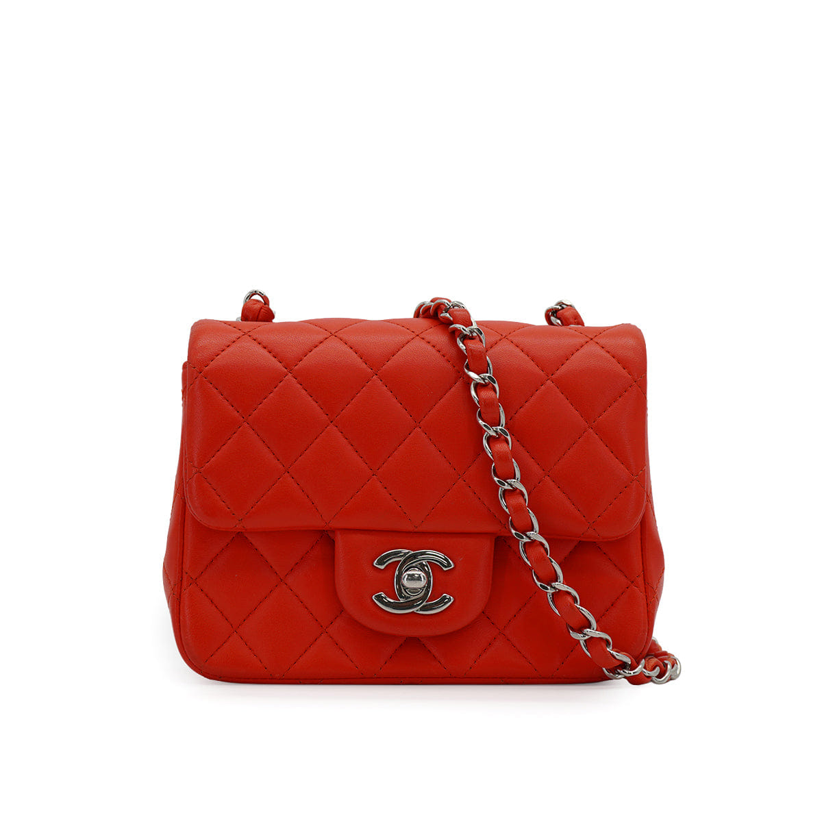 CHANEL MINI SQUARE 17 CHAIN SHOULDER BAG RED LAMB SKIN SILVER HARDWARE 90333761