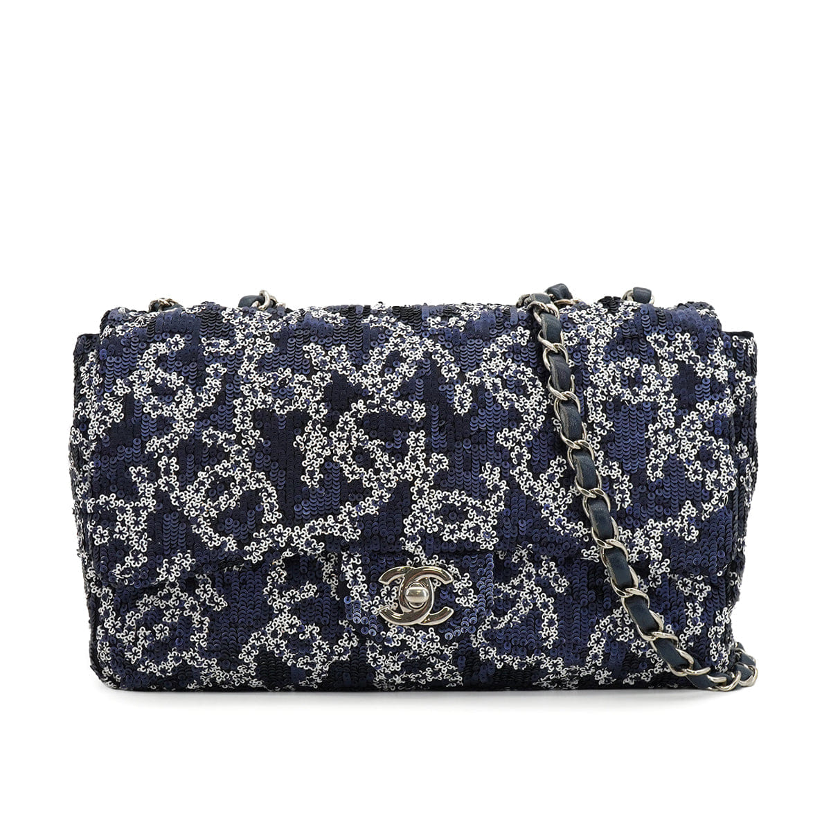 CHANEL COCOMARK CHAIN SHOULDER BAG NAVY WHITE SEQUINS LEATHER SILVER HARDWARE 90334159
