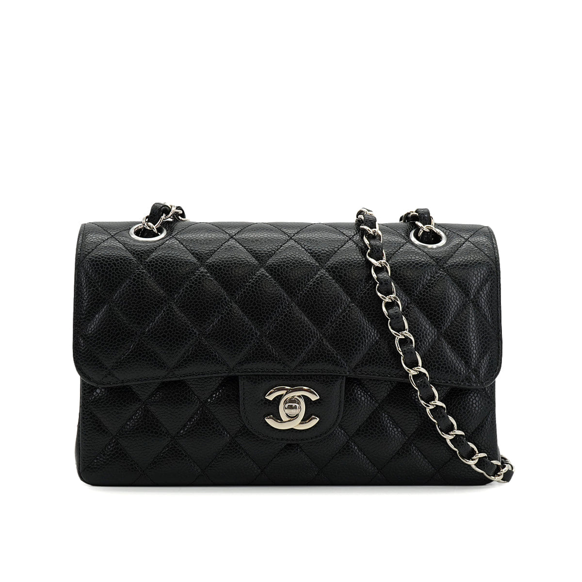 CHANEL CLASSIC FLAP SMALL CHAIN SHOULDER BAG BLACK CAVIAR SKIN SILVER HARDWARE 90334169