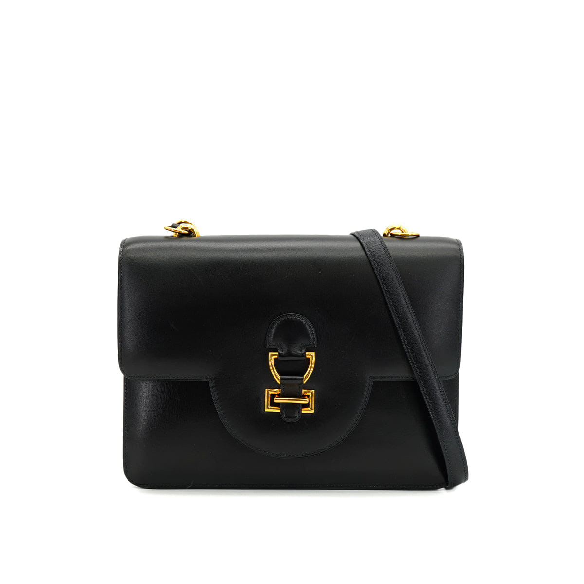 HERMES SANDRINE BLACK BOX CALF SHOULDER BAG 1978 CIRCLE H GOLD HARDWARE 90332563