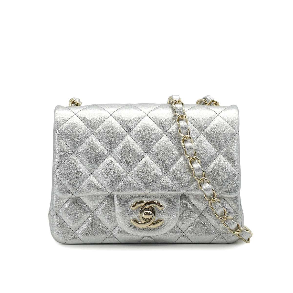 CHANEL MINI SQUARE 17 CHAIN SHOULDER BAG SILVER LAMB SKIN GOLD HARDWARE 90333739