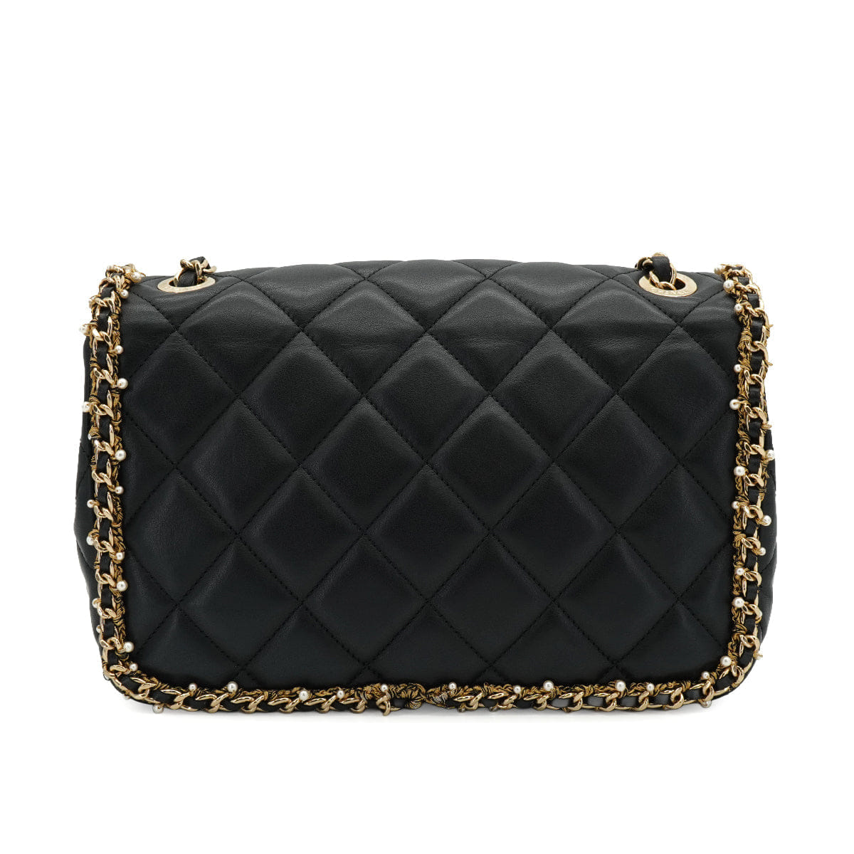 CHANEL MATELASSE FAUX PEARL CHAIN SHOULDER BAG BLACK LEATHER 90332580