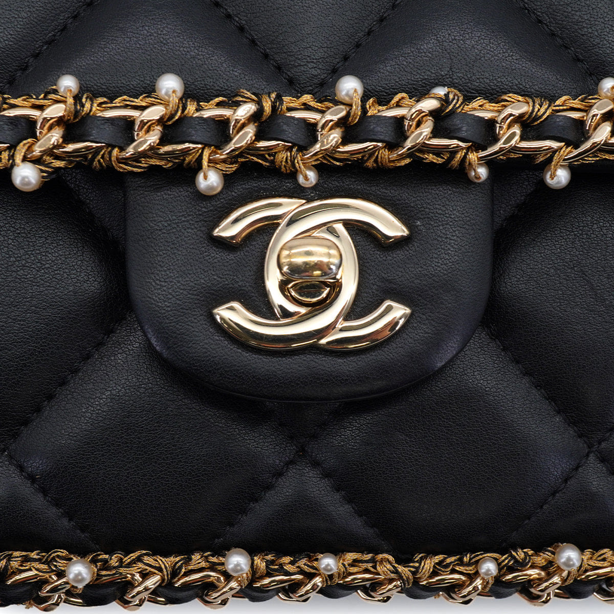 CHANEL MATELASSE FAUX PEARL CHAIN SHOULDER BAG BLACK LEATHER 90332580