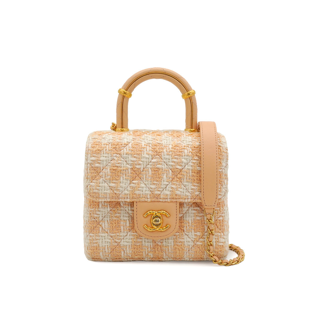 CHANEL MATELASSE CHAIN HAND SHOULDER BAG BEIGE TWEED GOLD HARDWARE 90332581