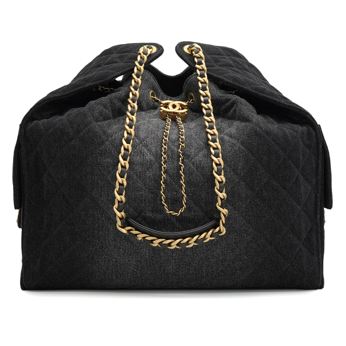 CHANEL CHANEL25 MEDIUM CHAIN SHOULDER BAG BLACK DENIM GOLD HARDWARE 90331857