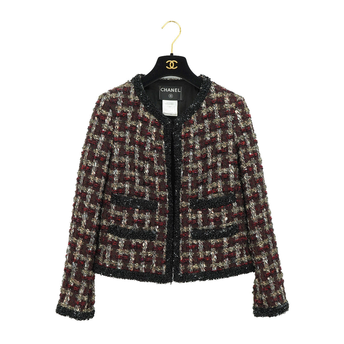 CHANEL DOUBLE POCKET TWEED JACKET SEQUINS BLACK RED WOOL 42 02A RTW 90309855