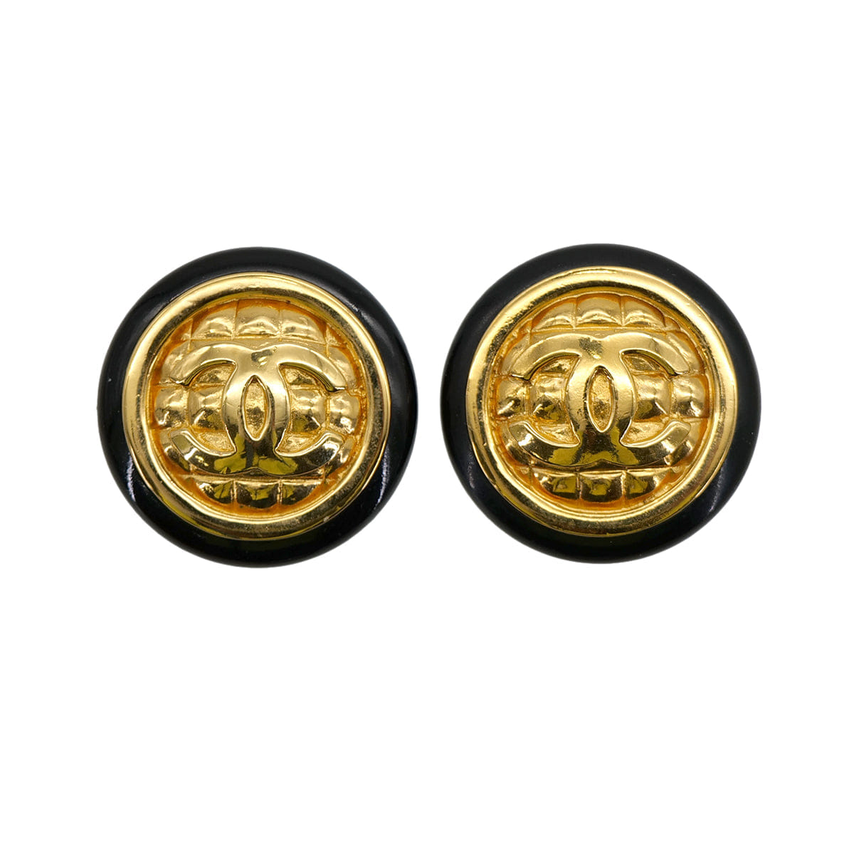 CHANEL VINTAGE EARRINGS ROUND COCOMARK GOLD BLACK ACCESSORY 90309002