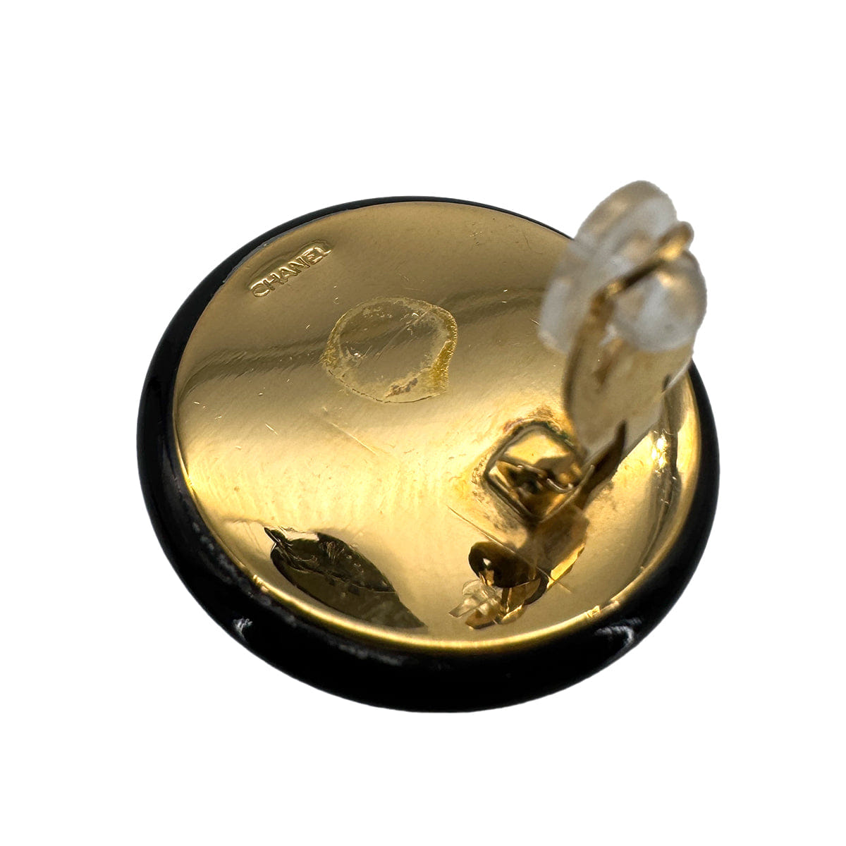 CHANEL VINTAGE EARRINGS ROUND COCOMARK GOLD BLACK ACCESSORY 90309002