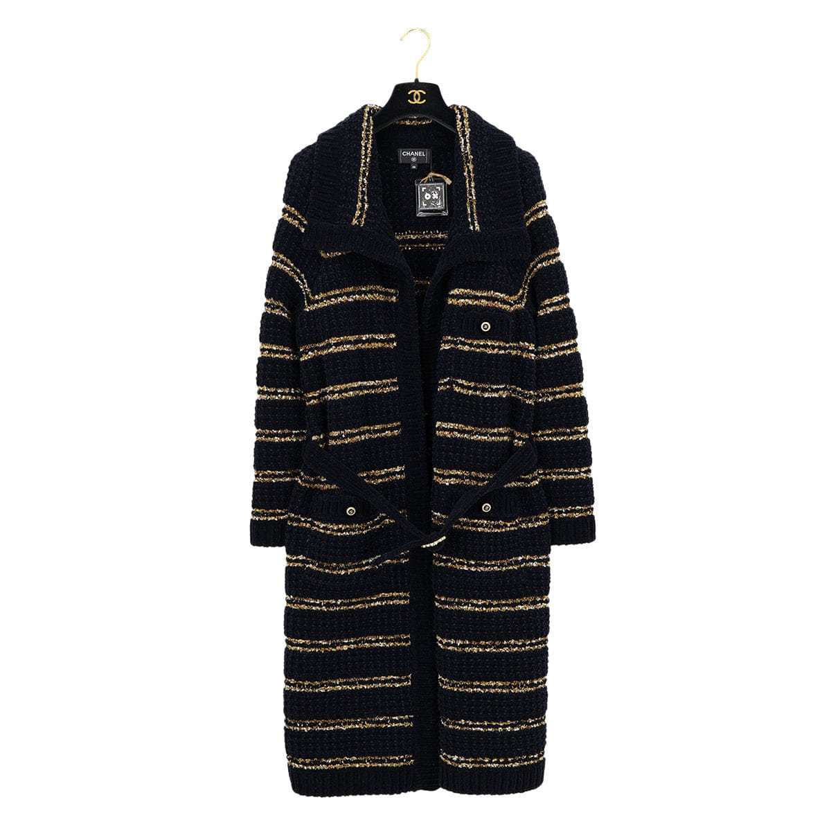 CHANEL COCO BUTTON BORDER TWEED LONG COAT BLACK GOLD WOOL 38 P64 RTW 90324155
