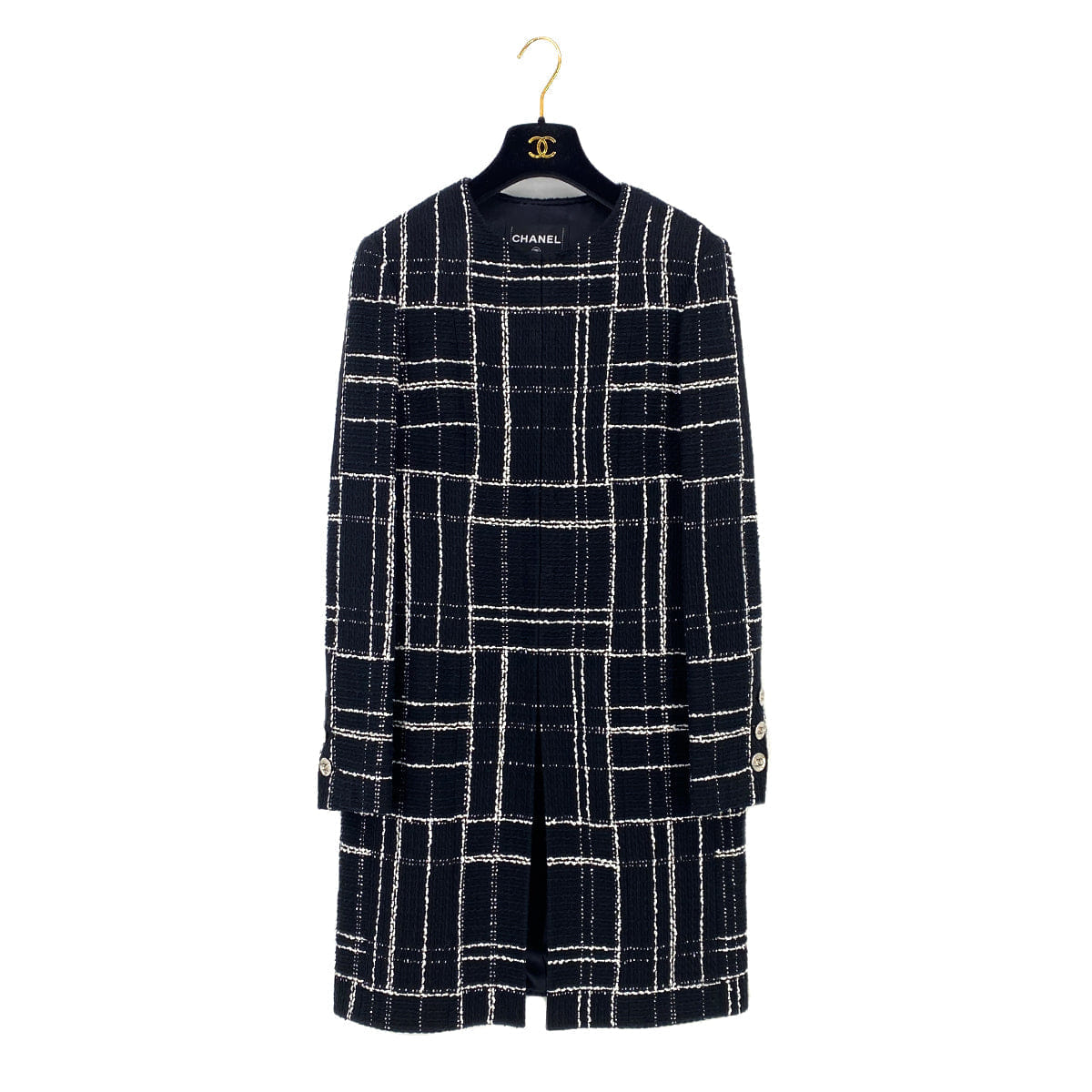 CHANEL COCO BUTTON CHECK PATTERN TWEED LONG COAT BLACK WHITE COTTON 38 P75 RTW 90319633