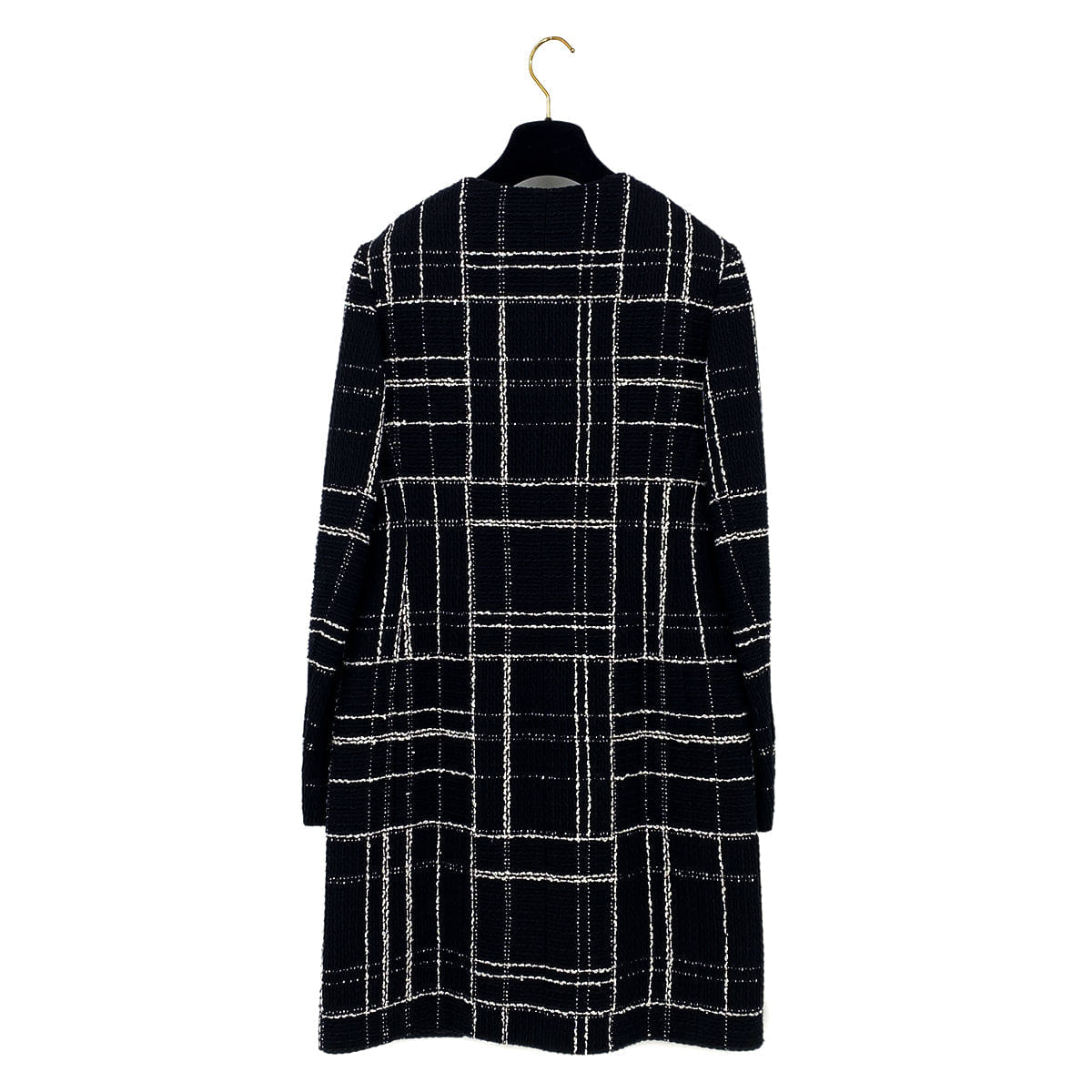 CHANEL COCO BUTTON CHECK PATTERN TWEED LONG COAT BLACK WHITE COTTON 38 P75 RTW 90319633