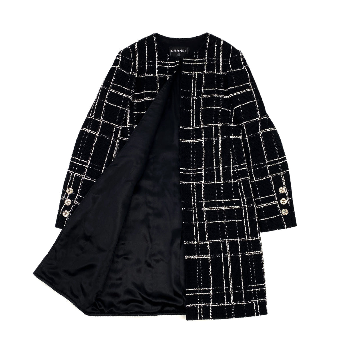 CHANEL COCO BUTTON CHECK PATTERN TWEED LONG COAT BLACK WHITE COTTON 38 P75 RTW 90319633