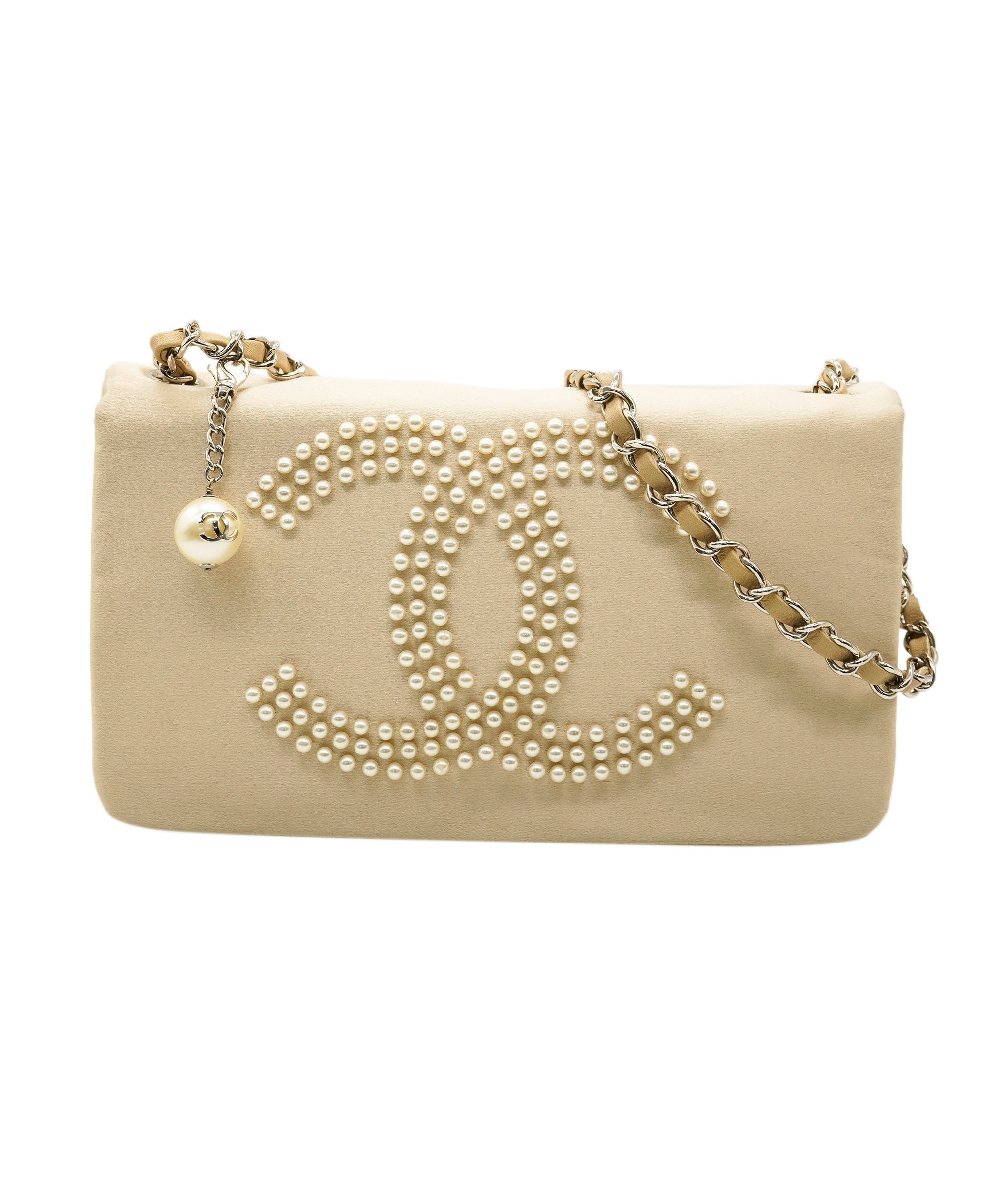 Chanel Satin Beige CC Pearl Clutch Shoulder Bag ALC2314