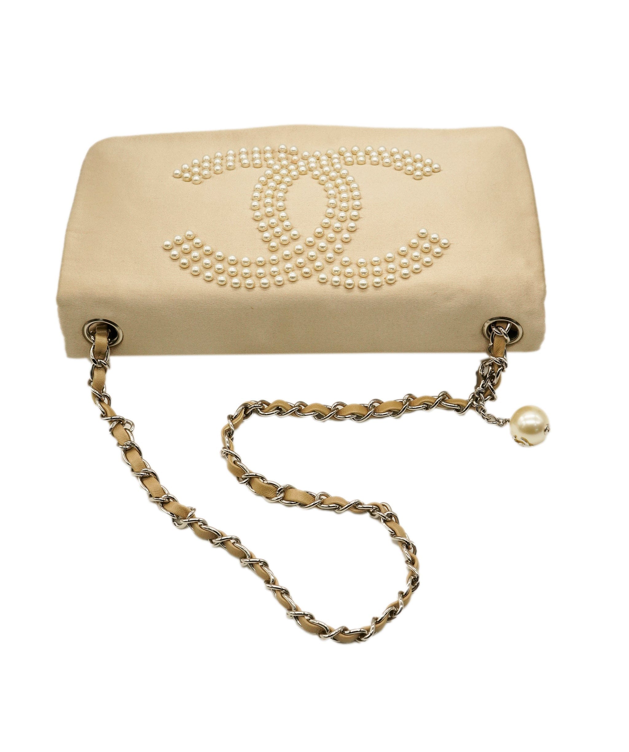 Chanel Satin Beige CC Pearl Clutch Shoulder Bag ALC2314