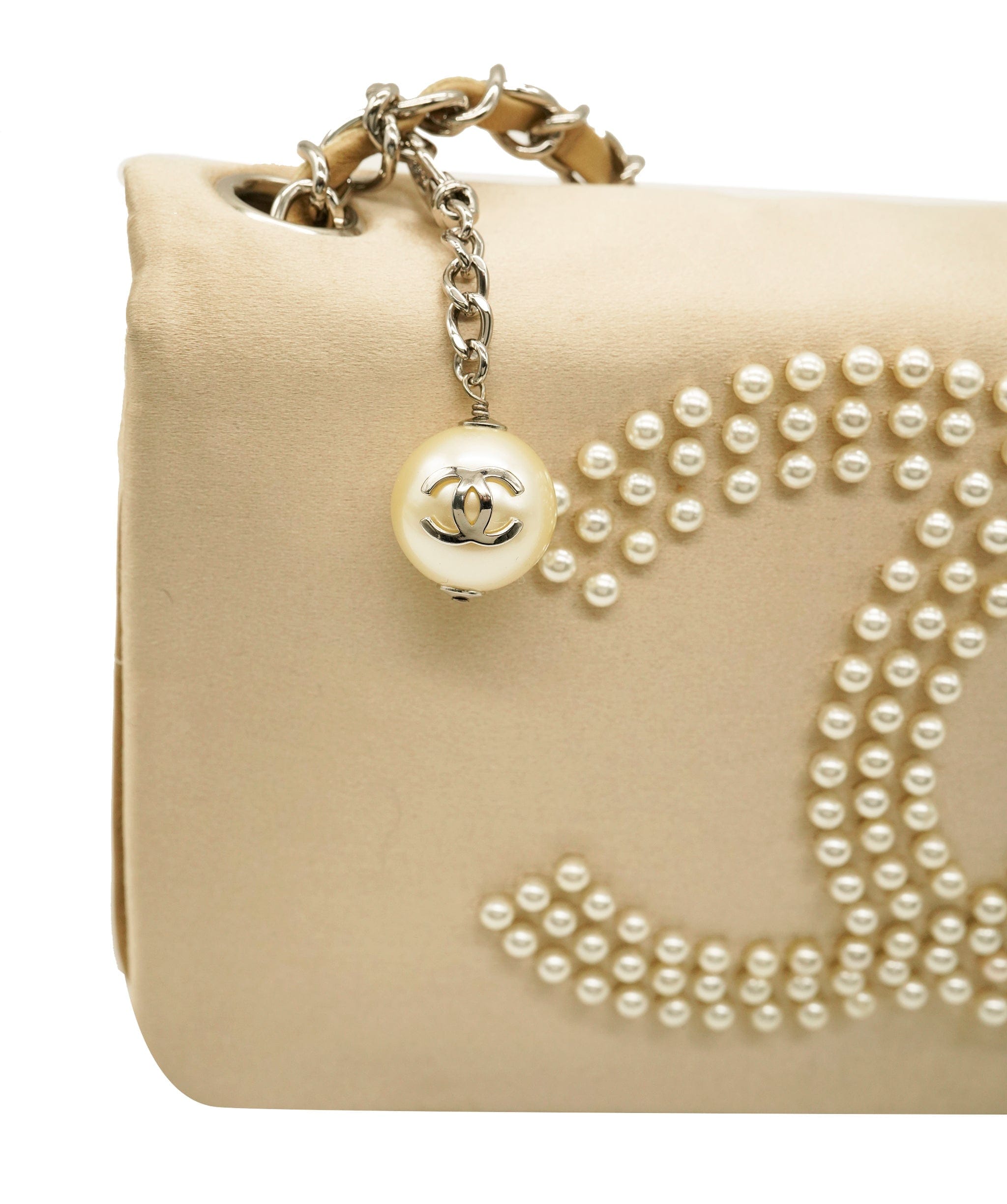 Chanel Satin Beige CC Pearl Clutch Shoulder Bag ALC2314