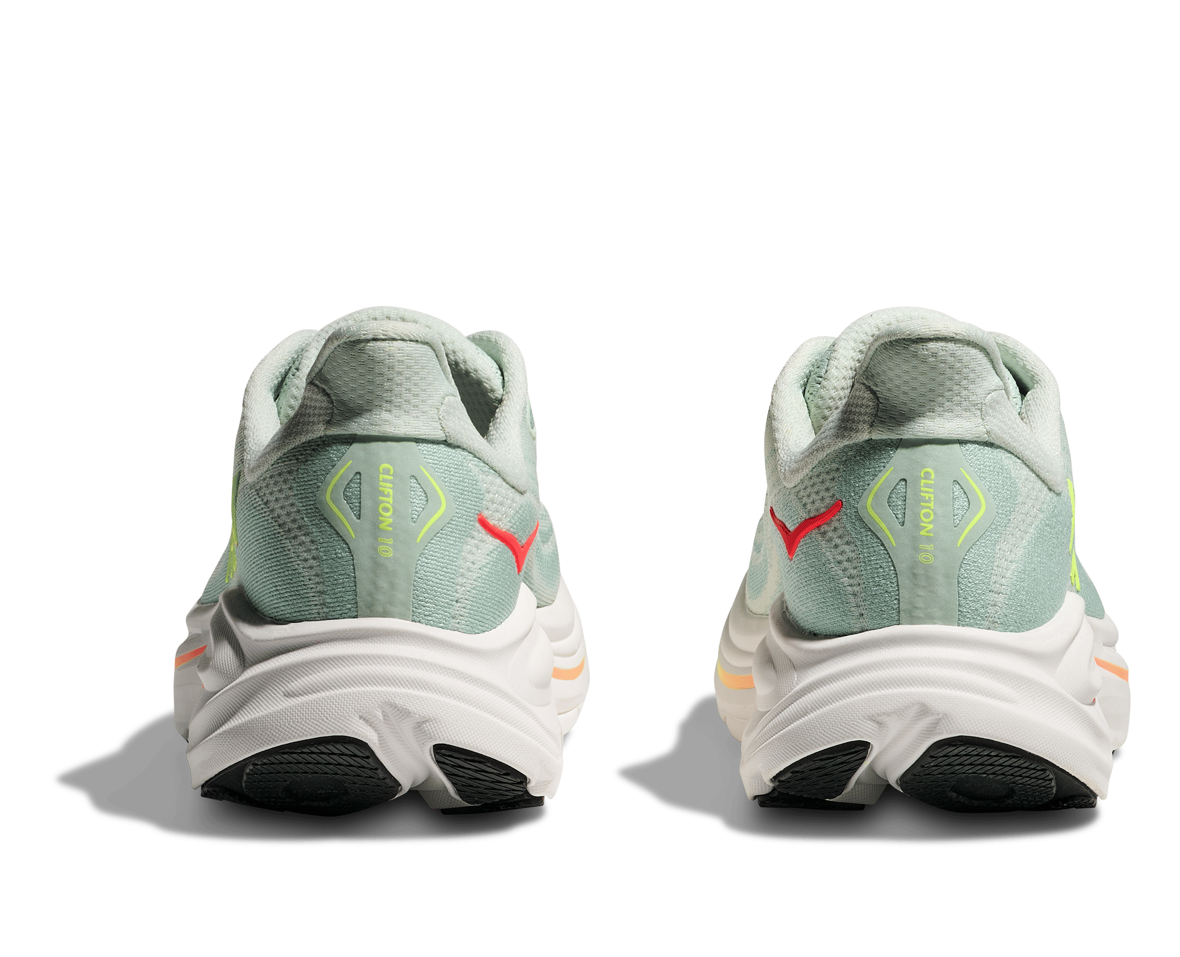 Hoka Clifton 10 Womens Shoes Color: Sea Glass/Neon Flame Style: 1162031-SLSSN