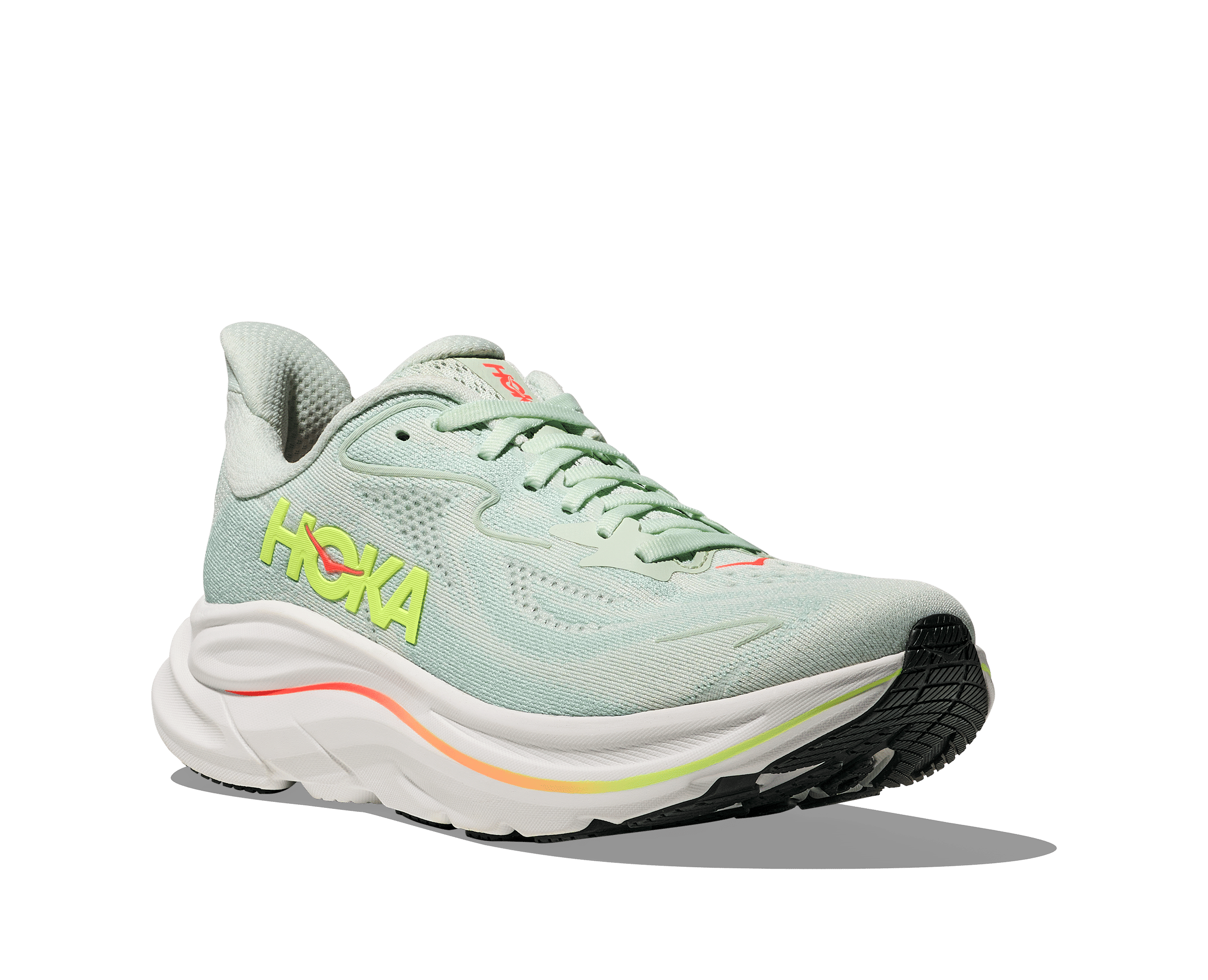 Hoka Clifton 10 Womens Shoes Color: Sea Glass/Neon Flame Style: 1162031-SLSSN