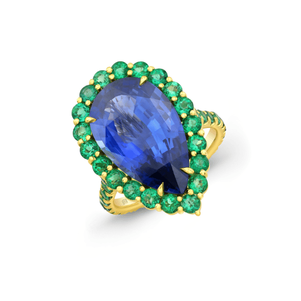 Rahaminov 18K Yellow Gold 8.61ct Pear Shape Blue Sapphire & Emerald Ring - 052756