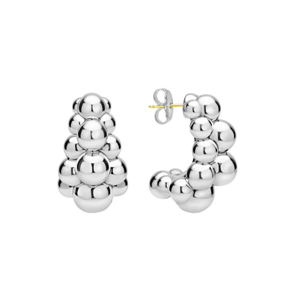 Lagos Caviar Bubbly Silver Three Row Beaded Hoop Earrings - 01-82177-00