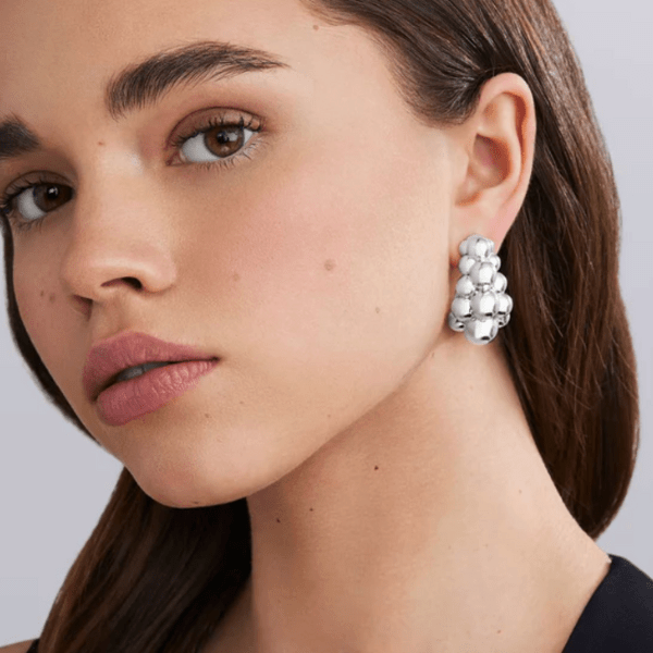Lagos Caviar Bubbly Silver Three Row Beaded Hoop Earrings - 01-82177-00