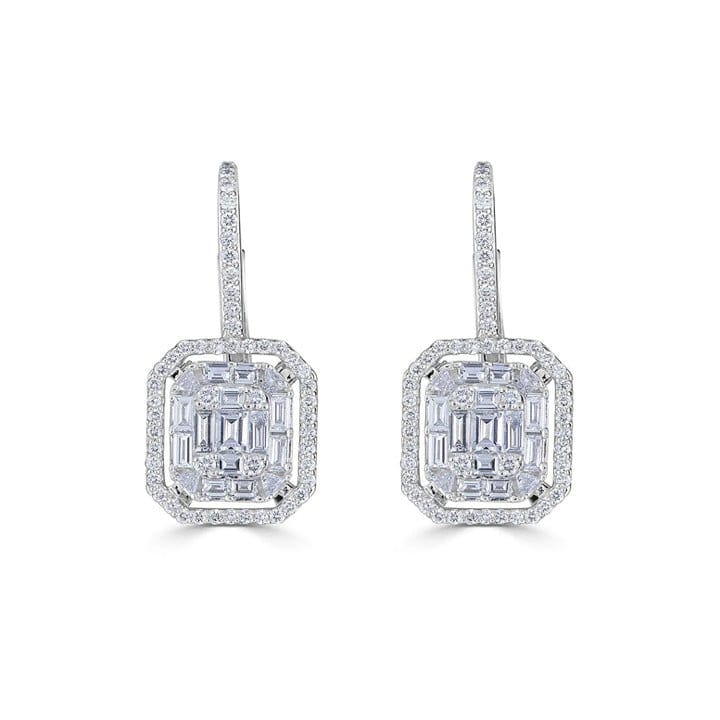 Zydo 18K Gold Octagonal Dangle Earrings with Round & Emerald Cut Diamonds Illusion Set