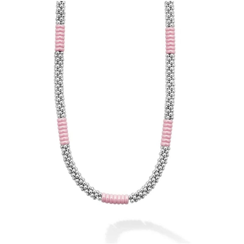 Lagos Pink Caviar Silver Station Ceramic Beaded Necklace 5mm - 04-81244-CP18