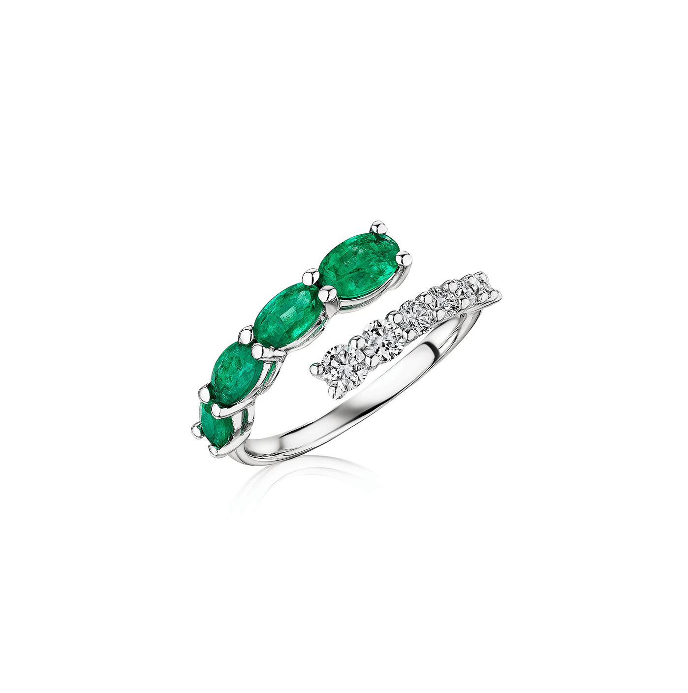 Sabel Collection White Gold Emerald and Diamond Bypass Ring