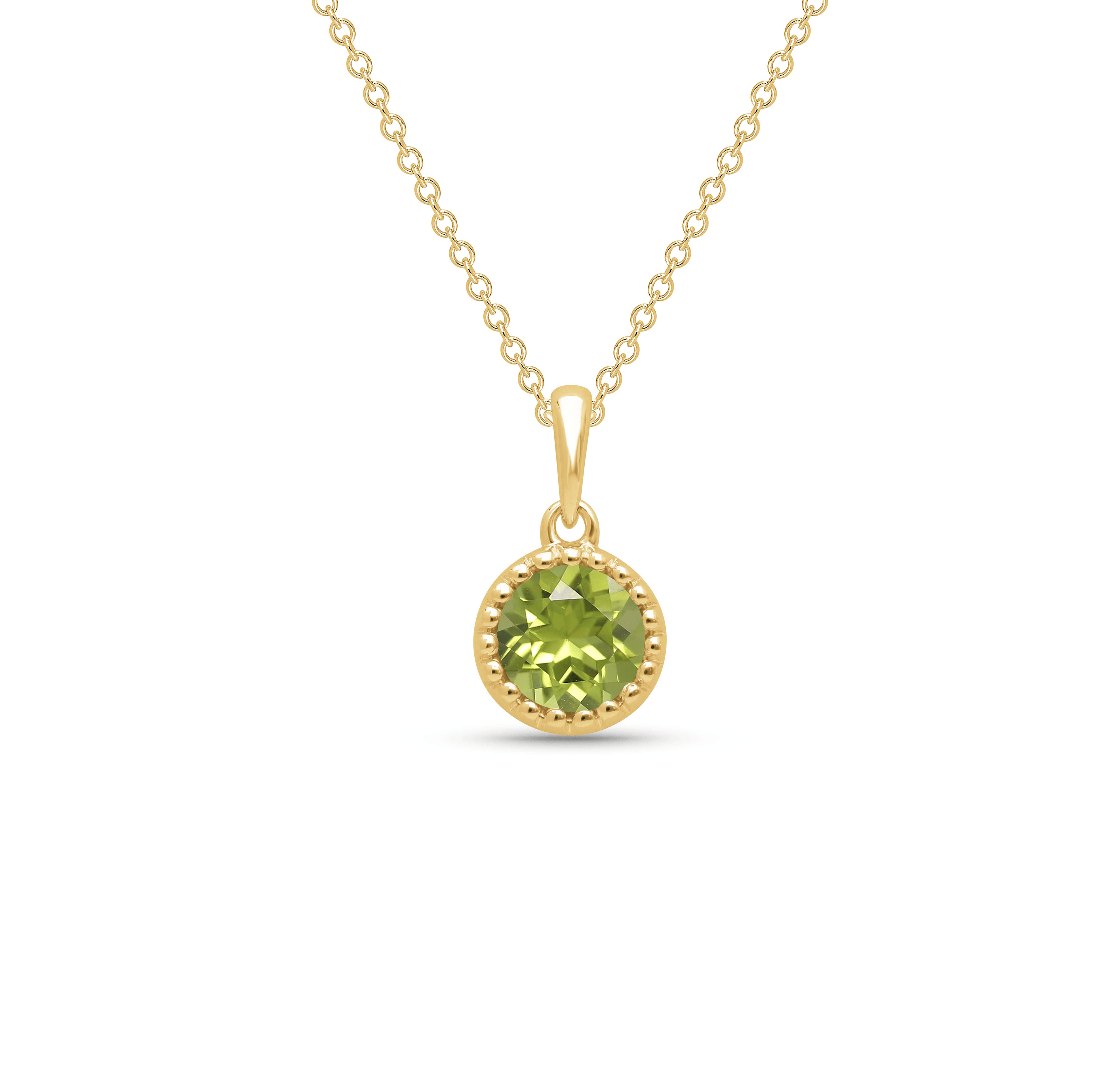 Sabel Collection Yellow Gold Milgrain Bezel Round Peridot Necklace