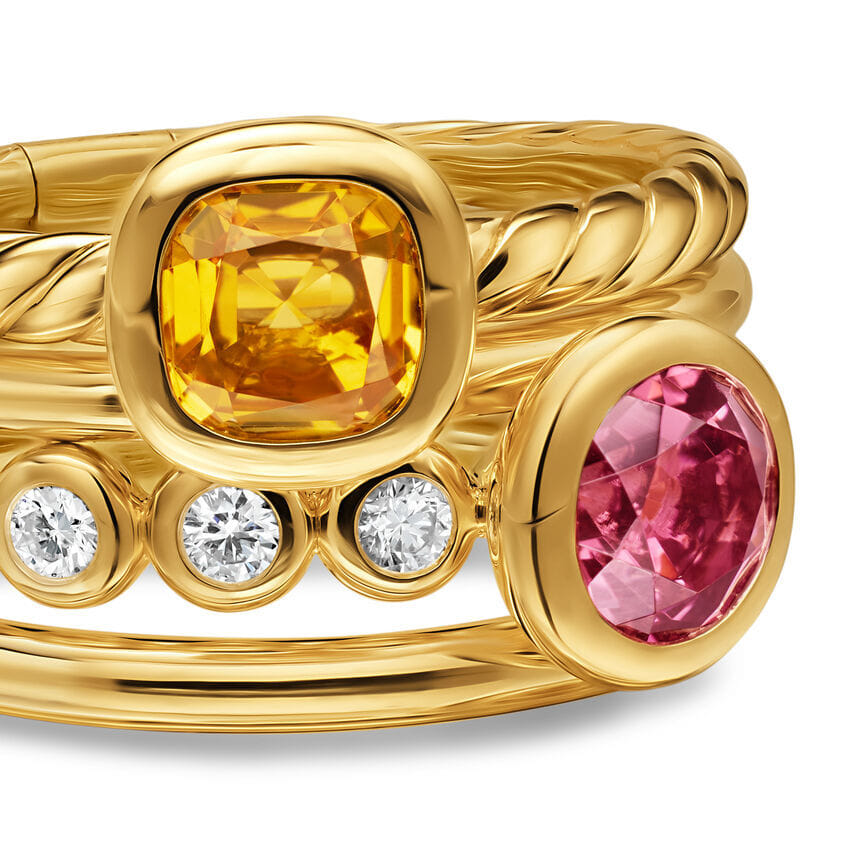 David Yurman DY Mercer Color Stone Multi Row Ring in 18K Yellow Gold with Citrine, Pink Tourmaline and Diamonds, 10mm, Size 8