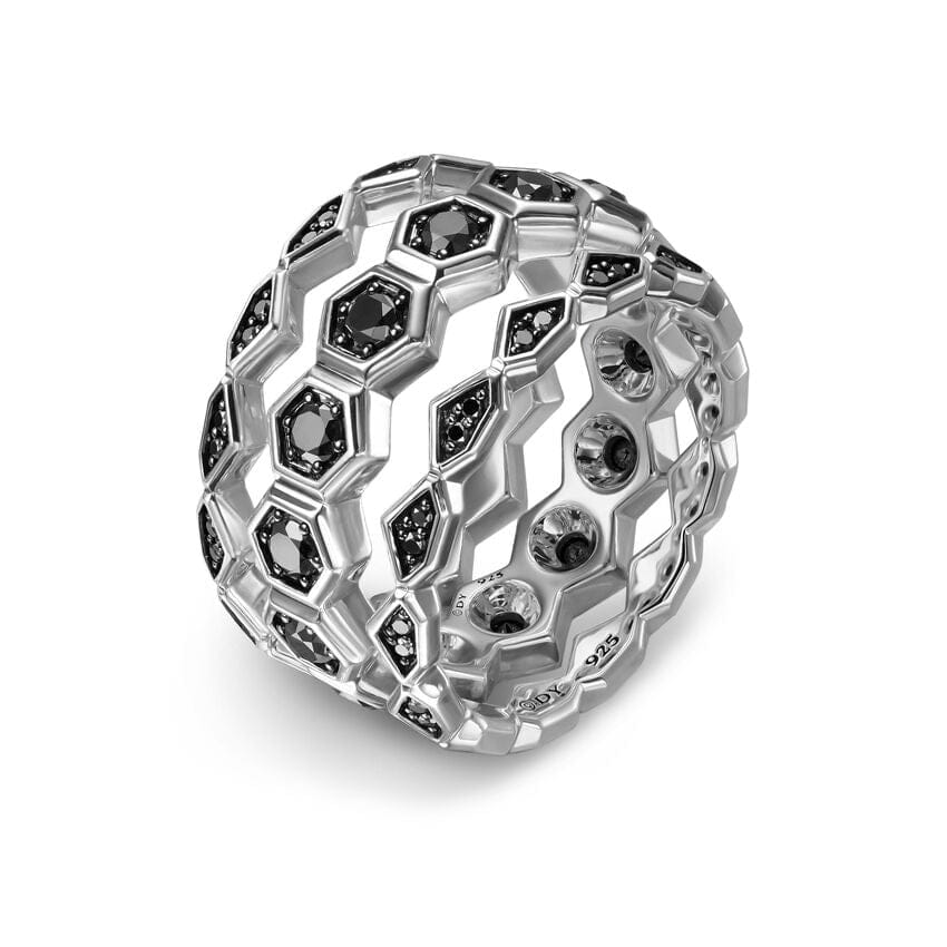 David Yurman Hex Stack Ring in Sterling Silver with Black Diamonds, 9.3mm, Size 10