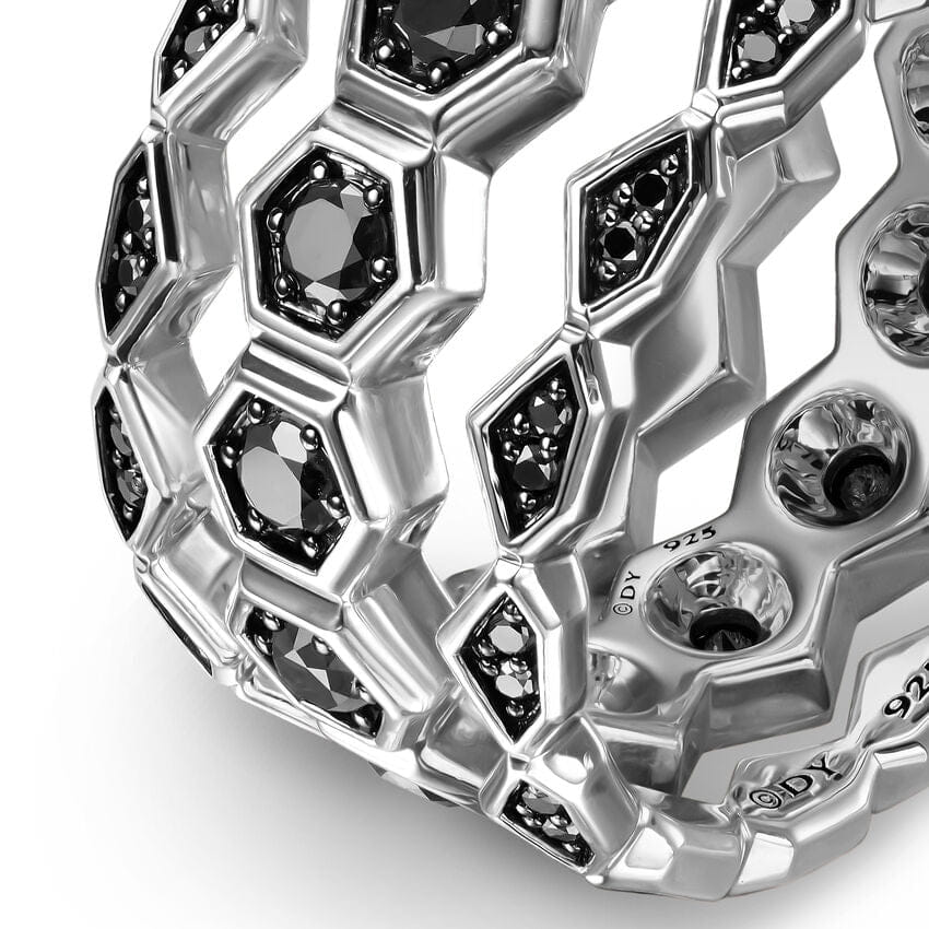 David Yurman Hex Stack Ring in Sterling Silver with Black Diamonds, 9.3mm, Size 10