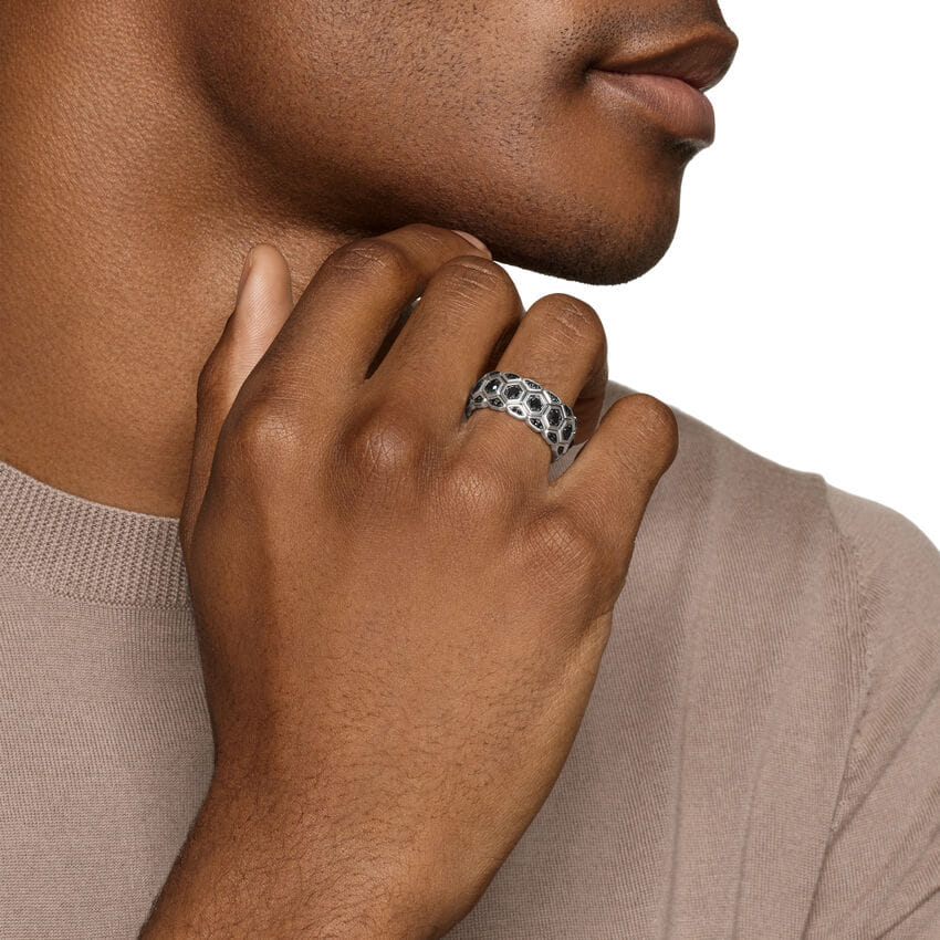 David Yurman Hex Stack Ring in Sterling Silver with Black Diamonds, 9.3mm, Size 10